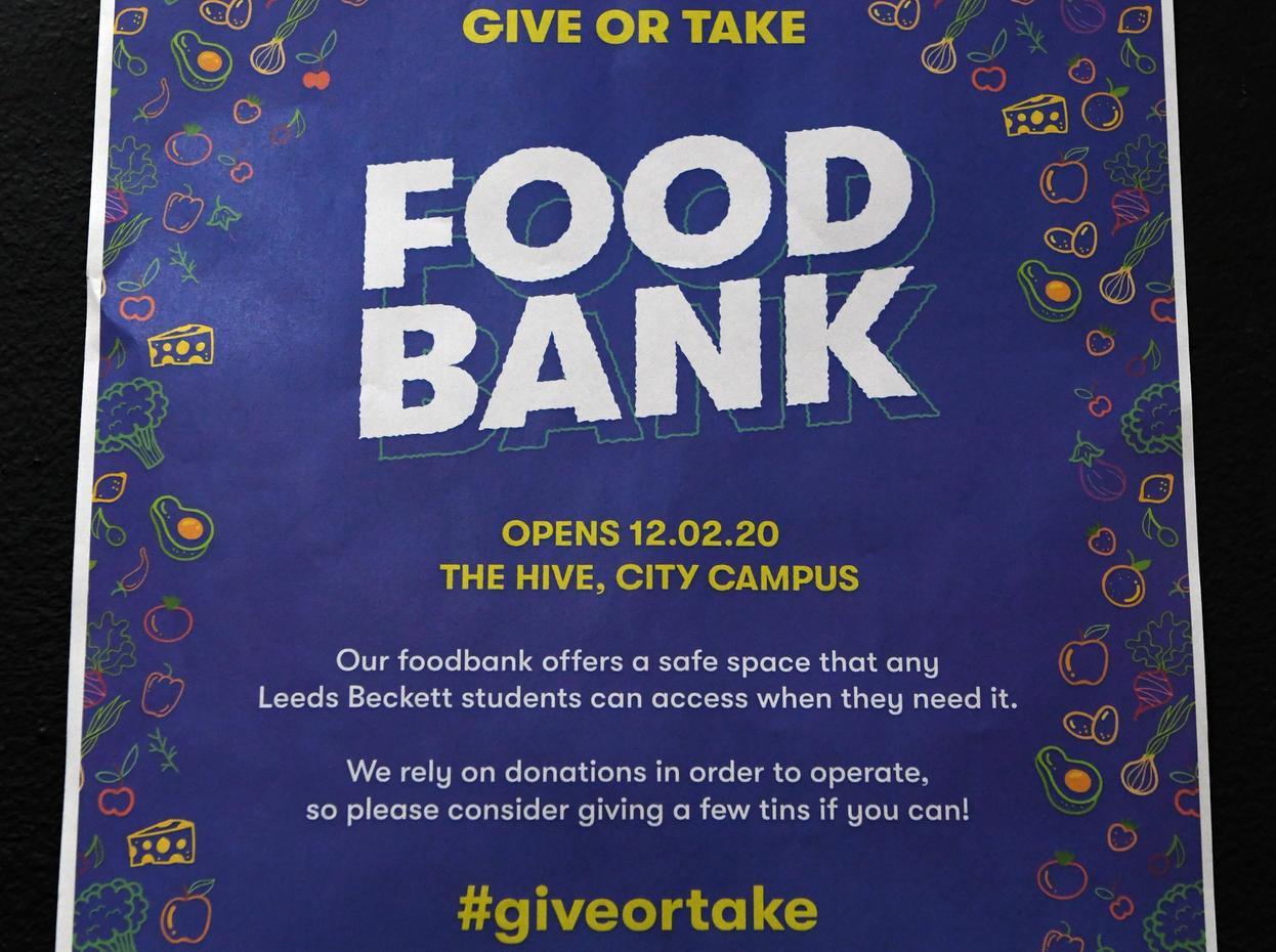 The sign outside the student foodbank near to The Hive at Leeds Beckett University.