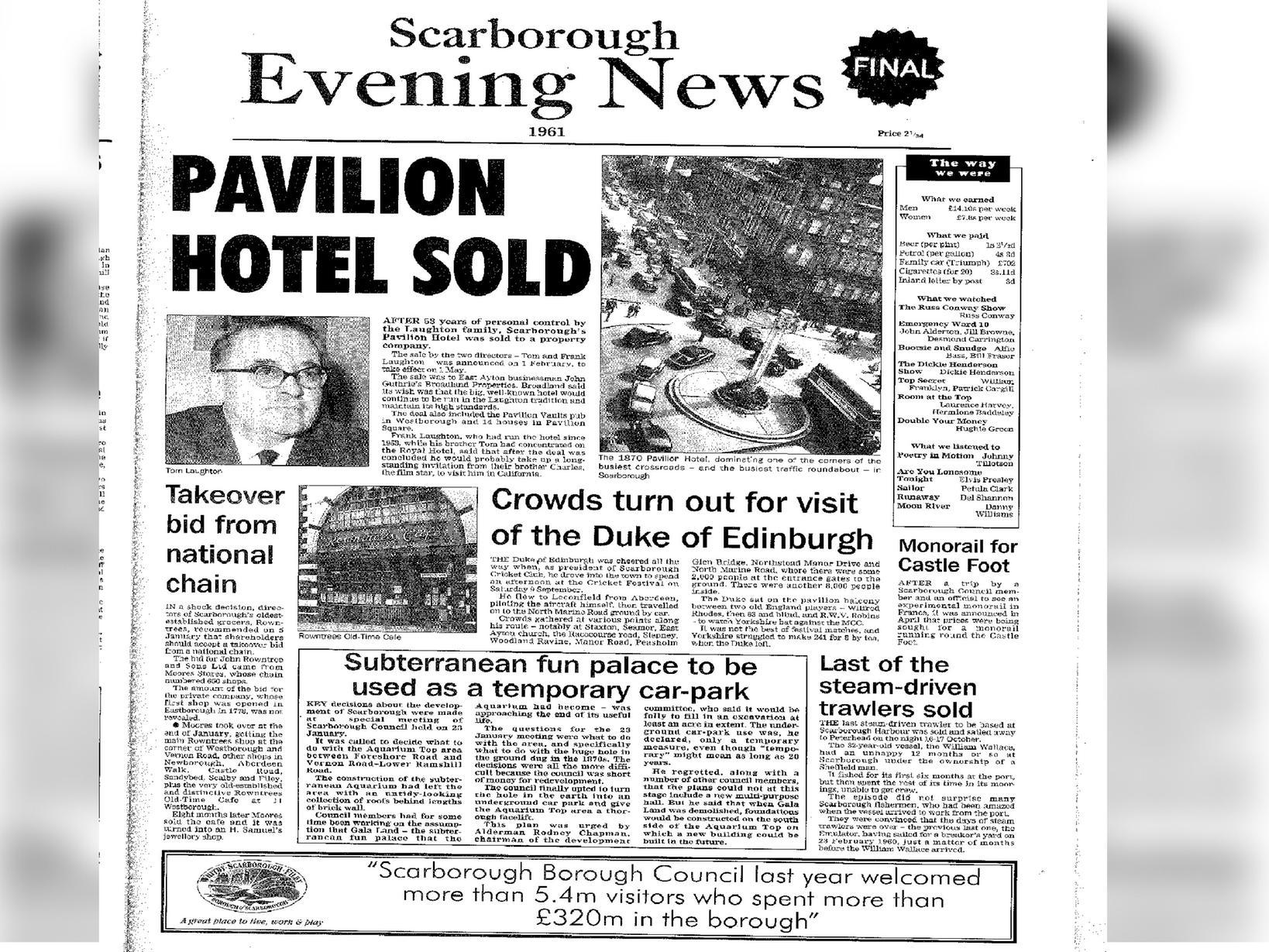 After 53 years of personal control by the Laughton family, Scarborough's Pavilion Hotel was sold to a property company. Also featured: the Duke of Edinburgh's visit to the Cricket Festival.
