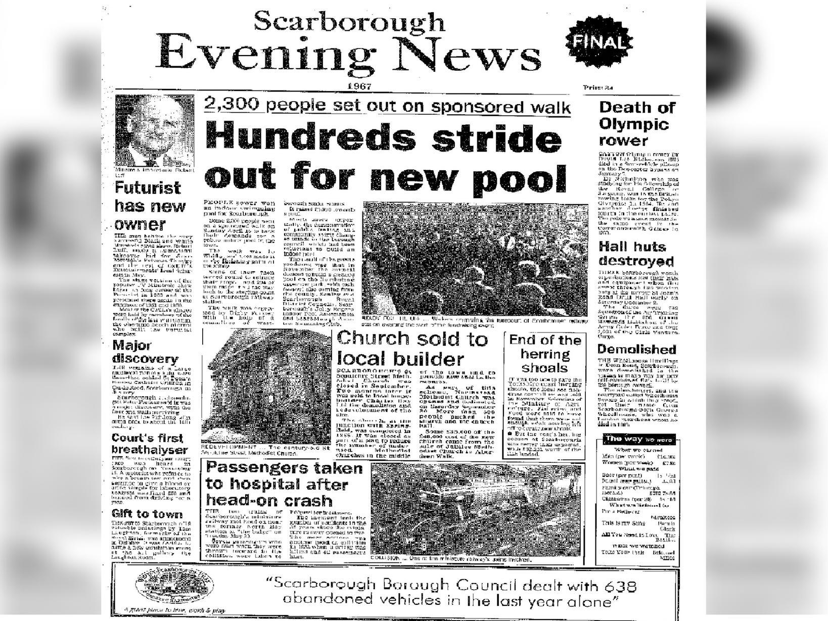 This 1967 year review features a sponsored walk attended by more than 2,300 people asking for a public indoor pool to be built.