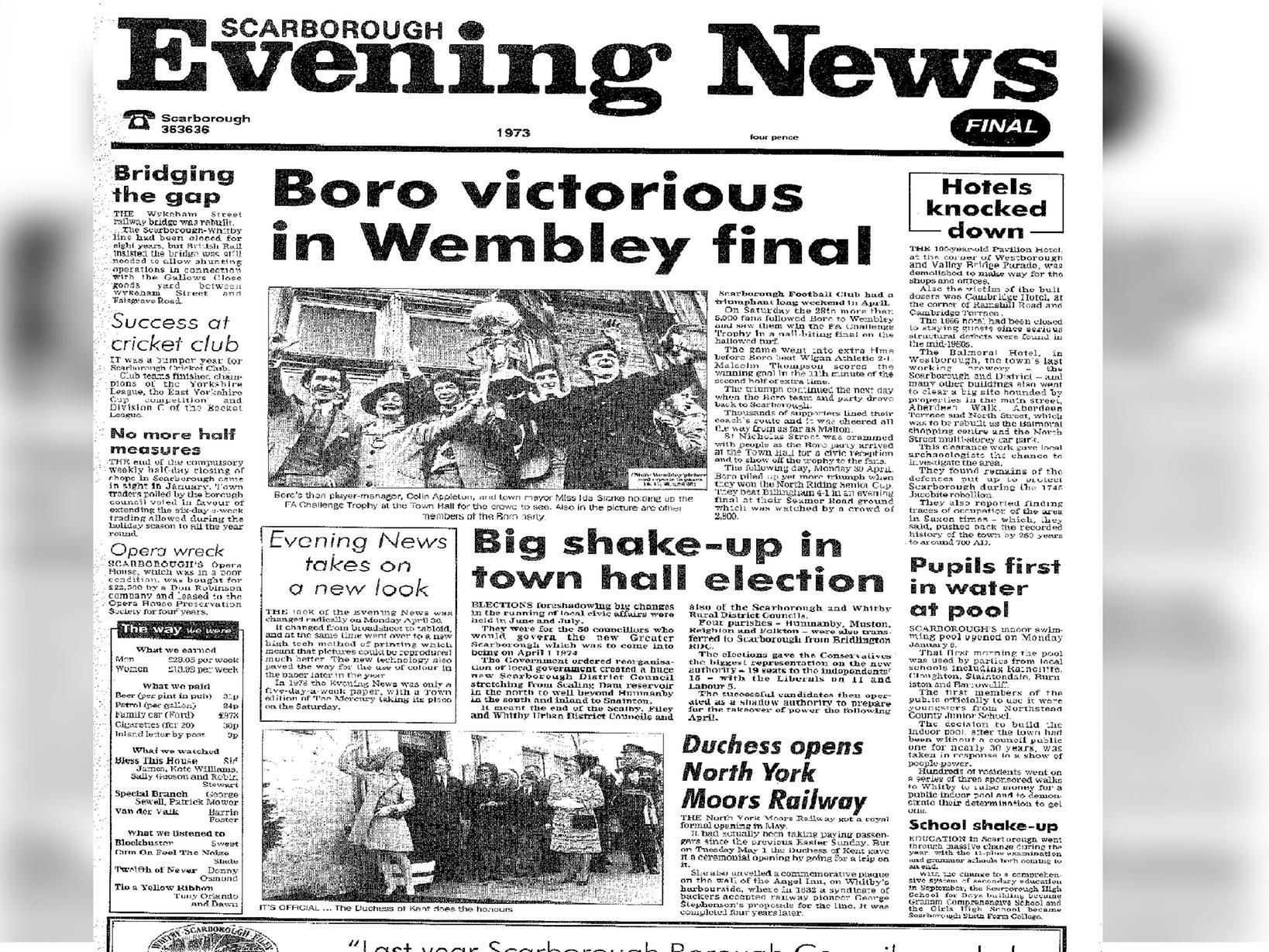 Scarborough Football Club won the FA Challenge Trophy after beating Wigan Athletic 2-1 at Wembley. Other stories featured include the demolition of the Pavilion Hotel and the opening of the indoor pool.