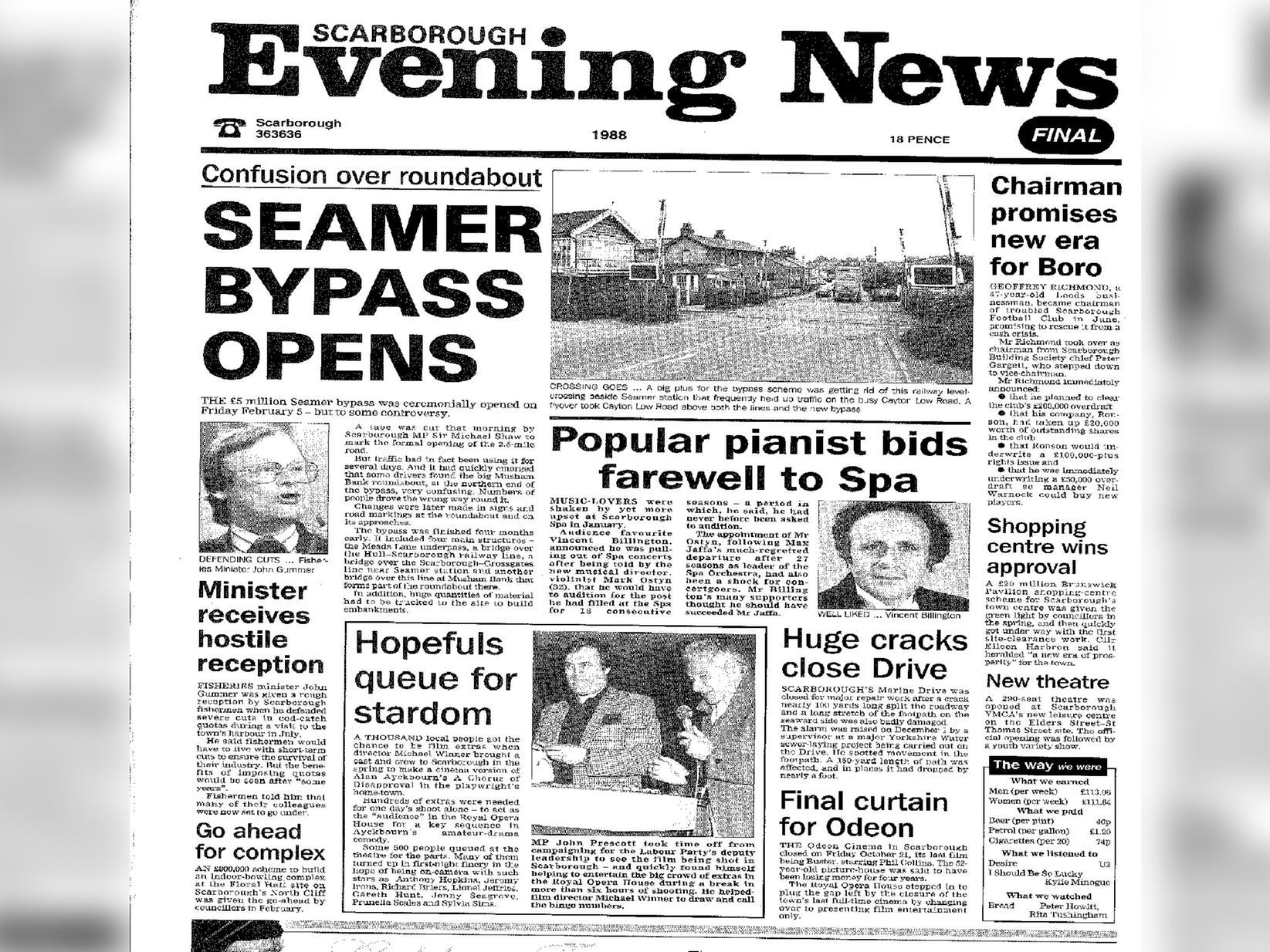 Seamer bypass was ceremonially opened by then MP Sir Michael Shaw, pianist Vincent Billington pulled out of Spa concerts and Geoffrey Richmond became Boro's new chairman.