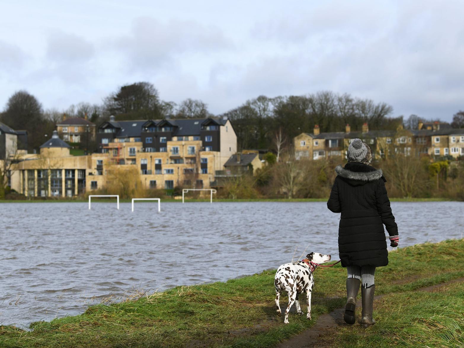 A dog walker passes the flooded Wetherby Ings sports pitches.