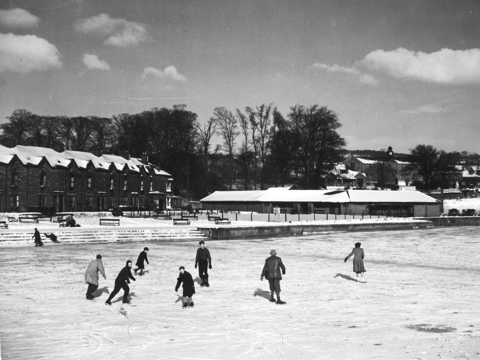 Snow brought out ice skaters who enjoyed fun on the frozen River Wharfe at Otley.