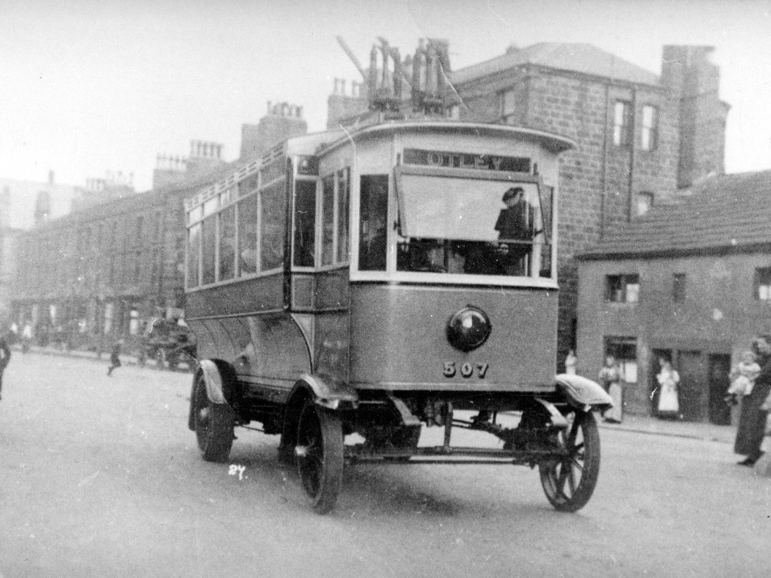 One of the first trackless trams in Otley travelling along Boroughgate. The service began on September 8, 1915, and the trams, which ran from the Maypole in Otley to White Cross, Guiseley, later became known as the Yellow Perils.