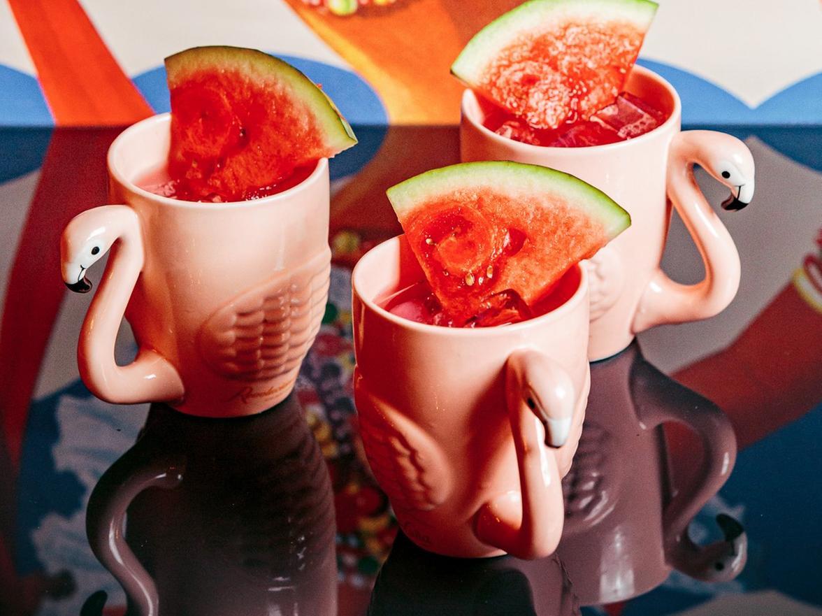 TheFlor De Flamingo, served in a pink flamingo tiki mug
