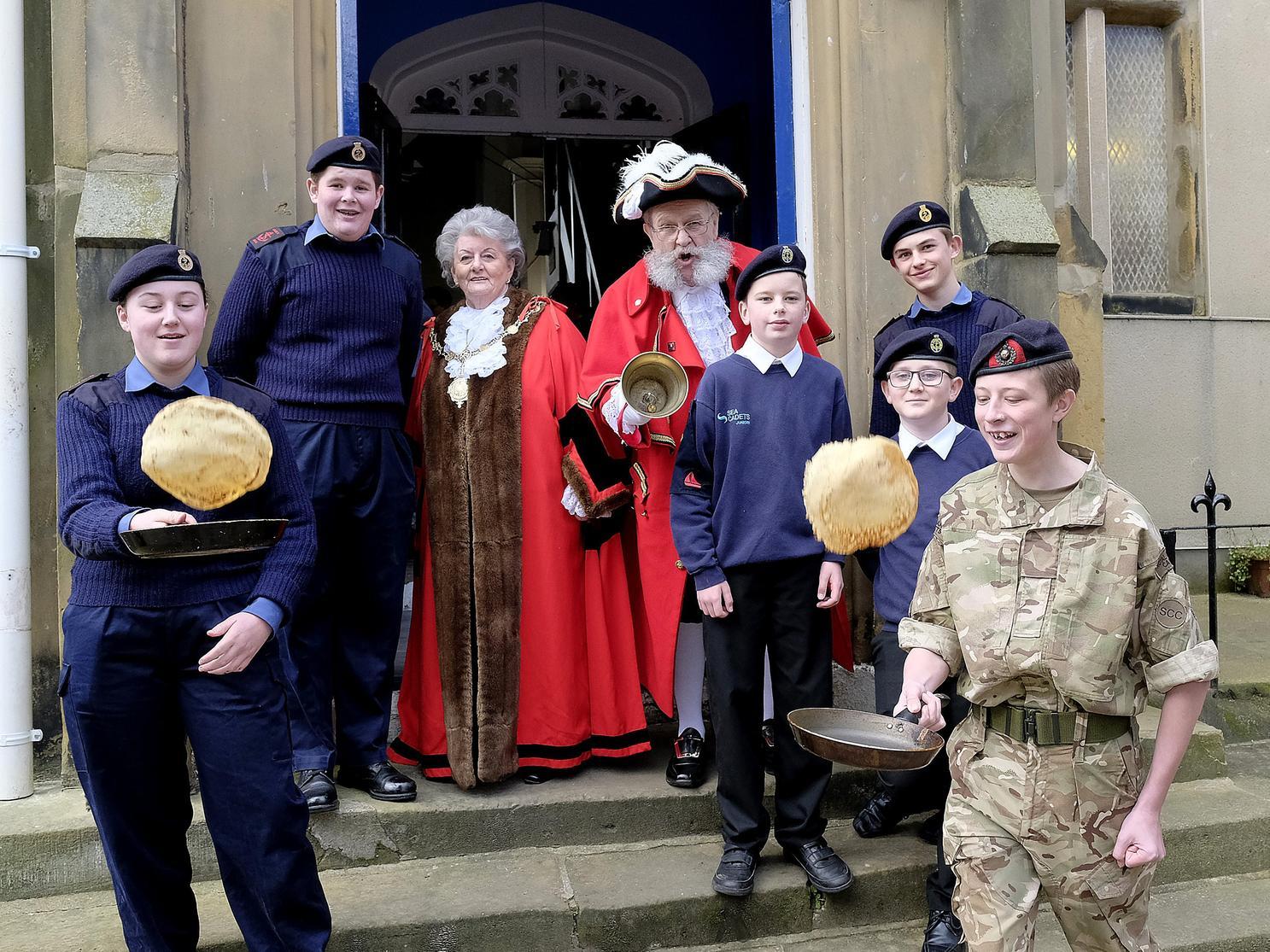 Mayor Hazel Lynskey and town crier David Birdsall visit the sea cadets for pancakes.