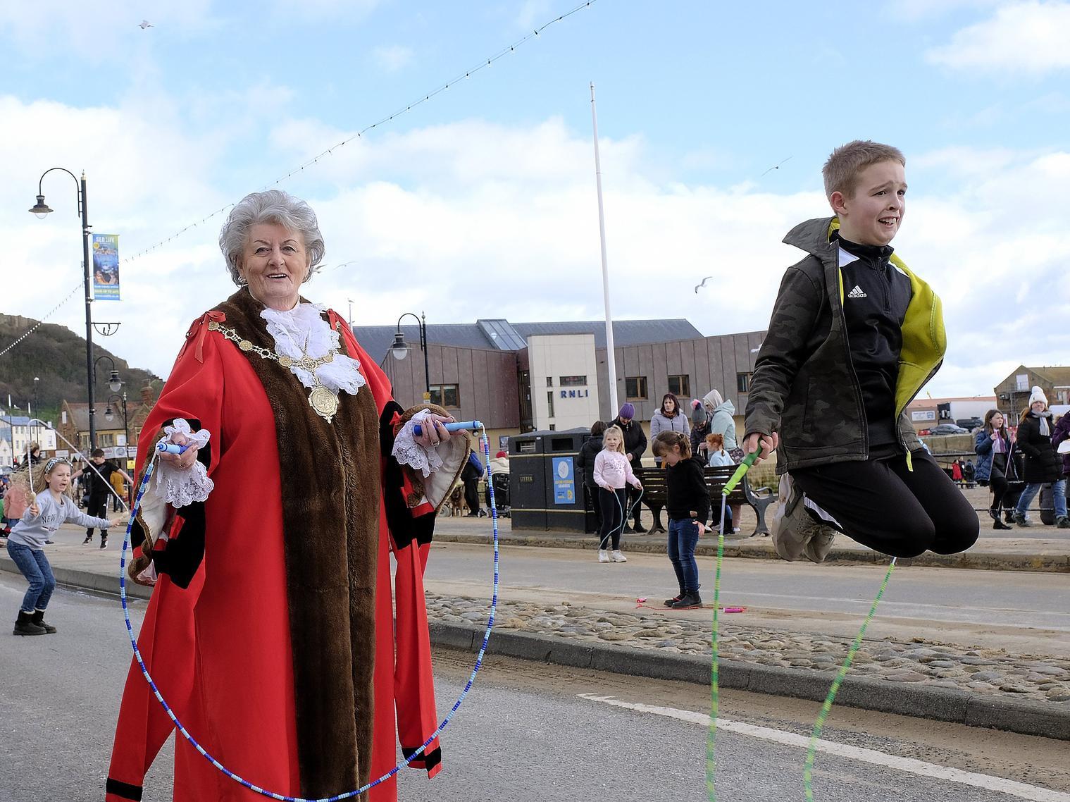 Mayor Hazel Lynskey takes part in skipping day with youngster Mitchell England.
