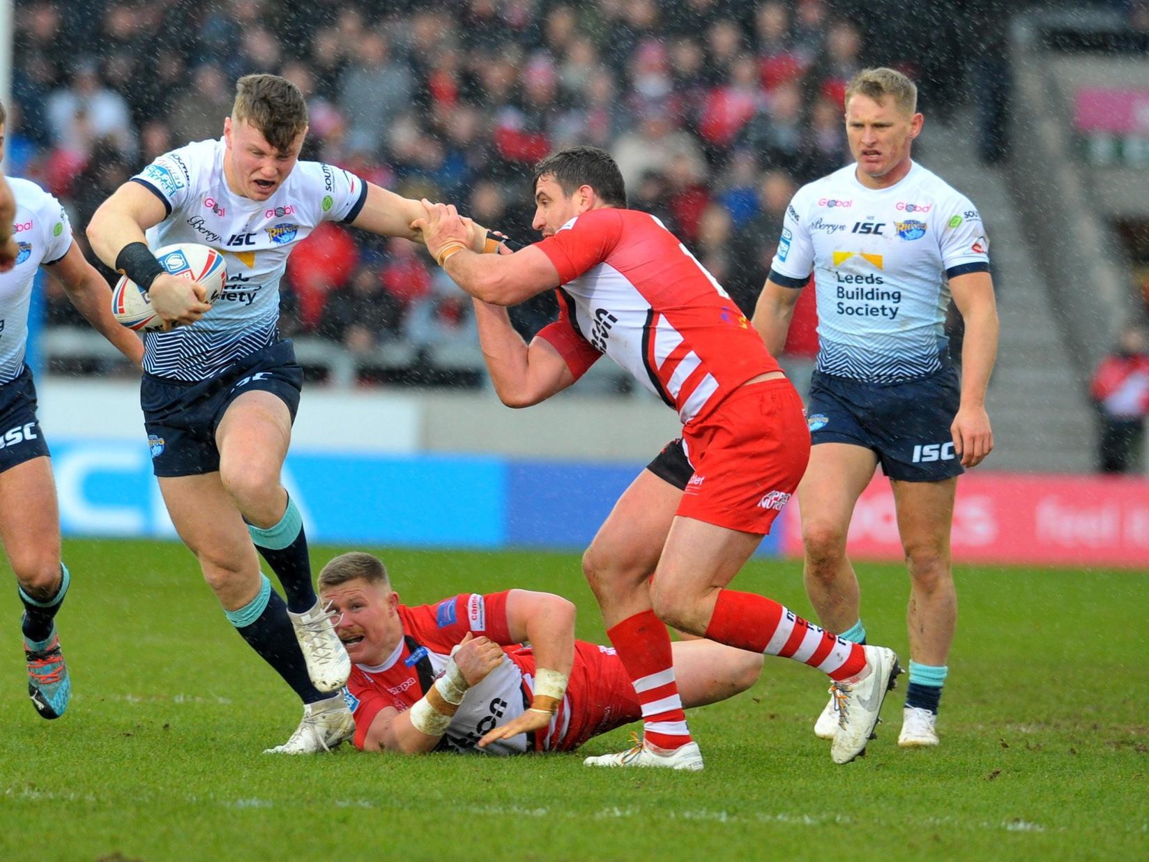Harry Newman on the attack against Salford.