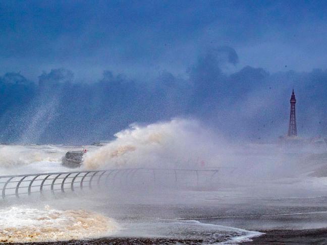 Waves crash over Blackpool waterfront as weather warnings for wind, snow and ice have been issued across large parts of the country as the UK struggles to recover from the battering from Storm Ciara.