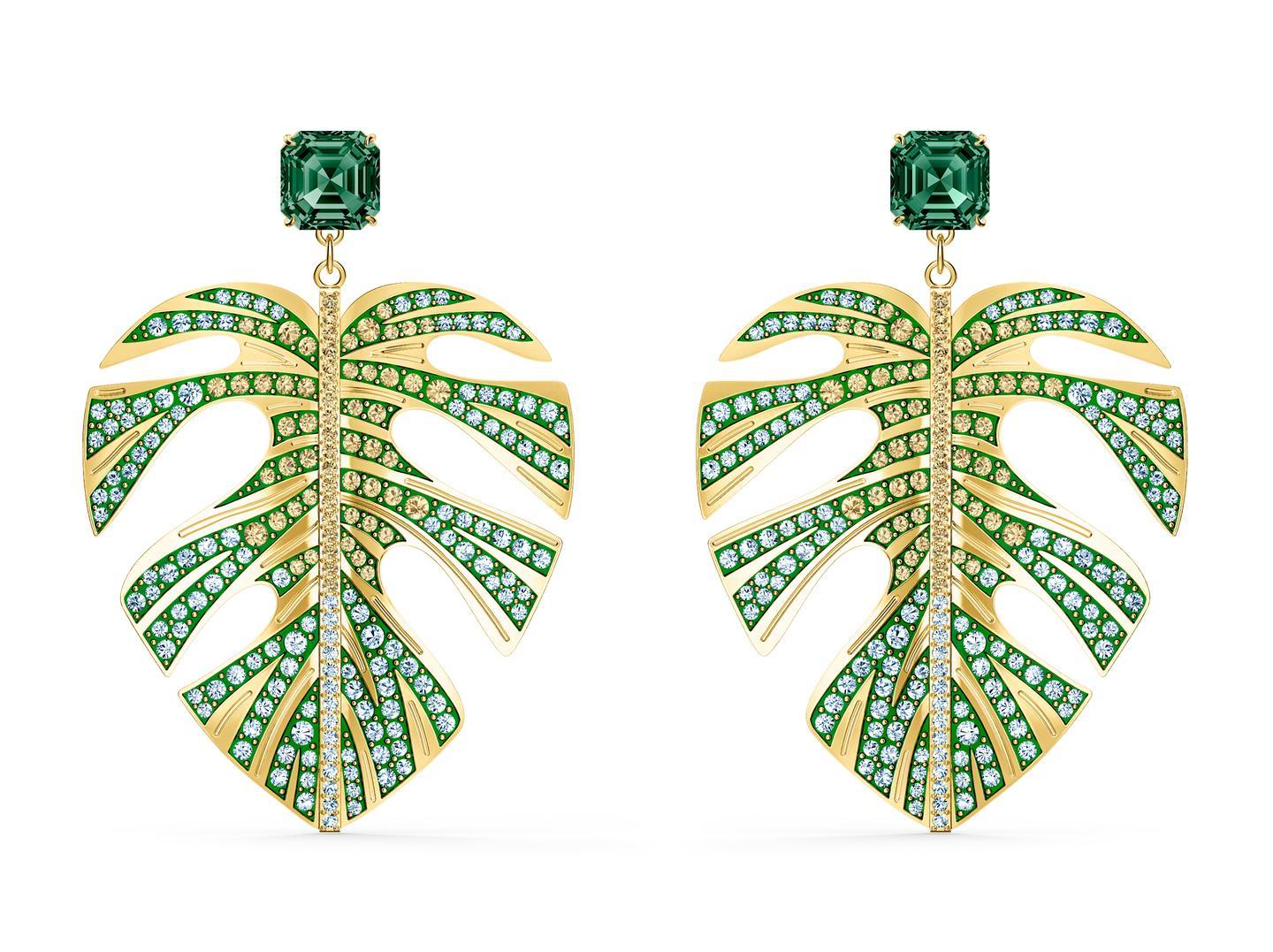 These fabulous green and crystal palm leaf drop earrings chime perfectly with the coming spring's new tropical trend, 119 from Swarovski stores at Leeds Trinity, Meadowhall and Whitby Jet.