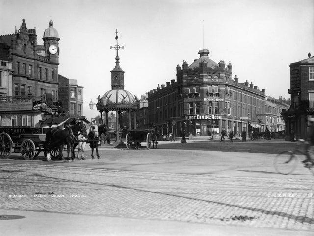 Talbot Square in Blackpool, with the Theatre Royal and Talbot Dining Rooms in the background, circa 1893.
