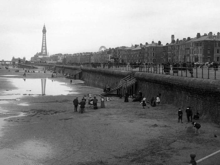 A general view of the beach at Blackpool South Shore in 1903, with Blackpool Tower in the background.