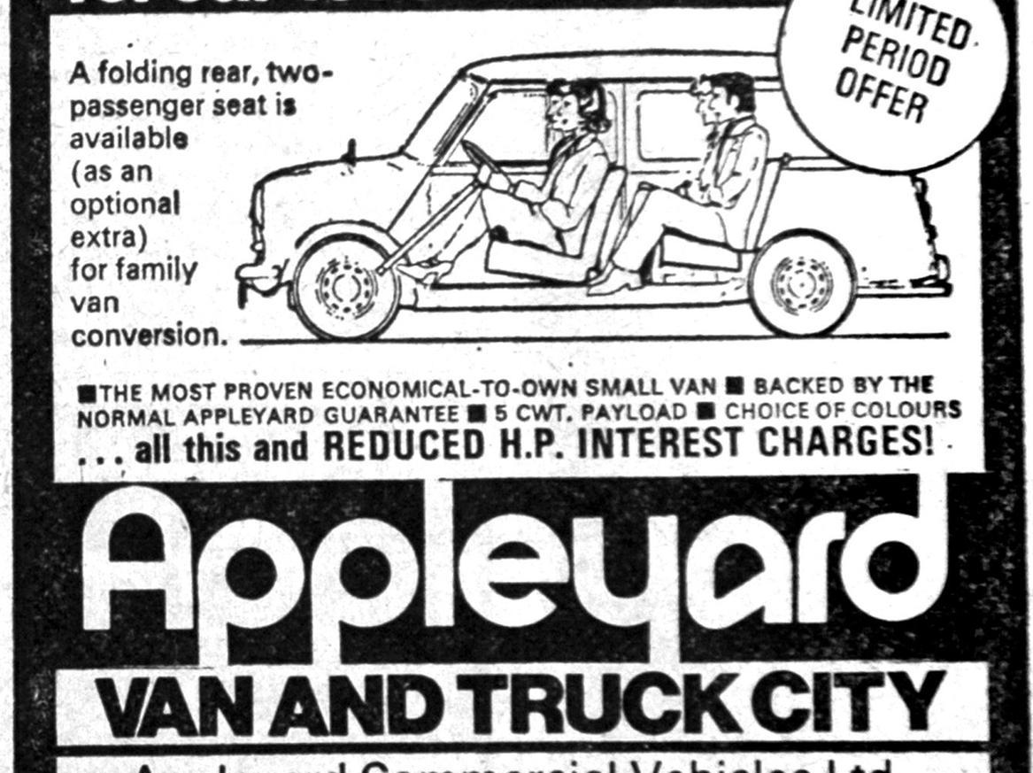 This limited period offer from Appleyard on North Street in Leeds 7 promised the 'highest trade-in ever.. even on your old banger' for its 1976 Mini Vans. Did you own one?