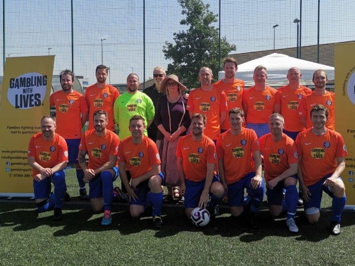 Headingley AFC players pictured last year in kit bearing the Gambling With Lives logo.