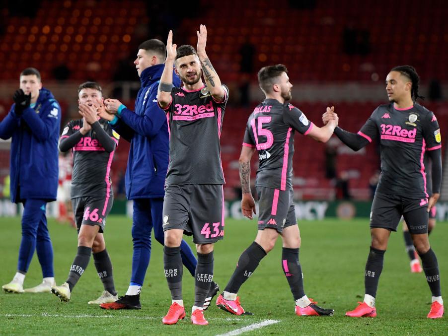 Mateusz Klich applauds the travelling Leeds United fans after the 1-0 win at Middlesbrough.