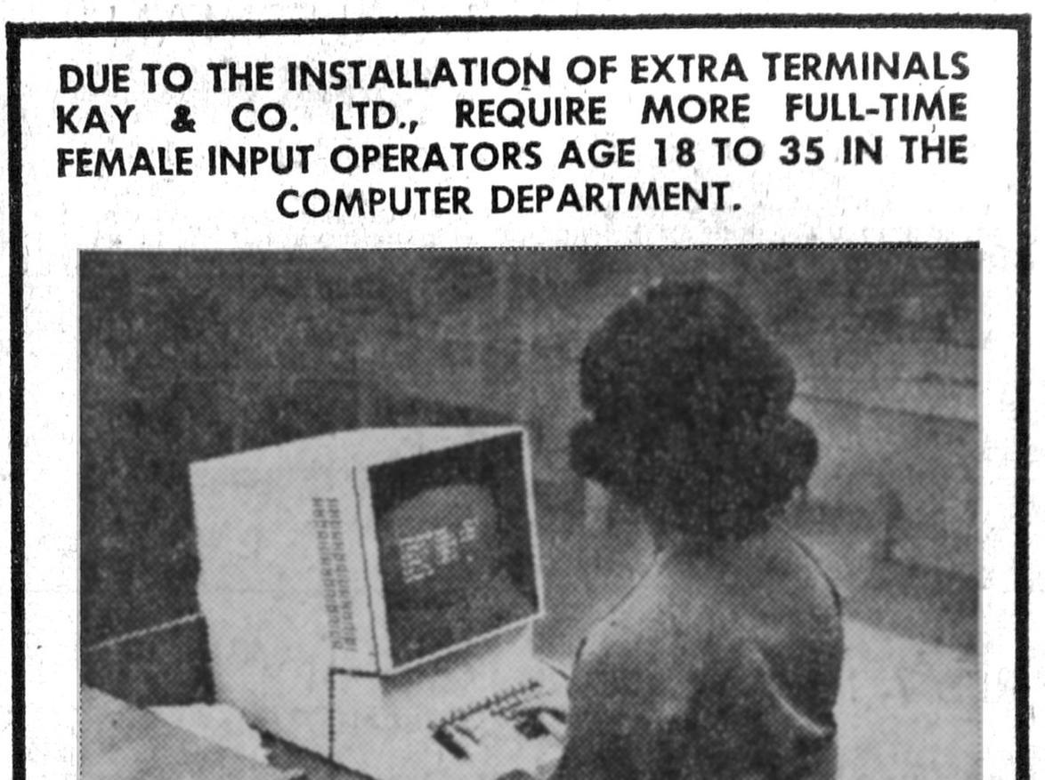 For those looking for a job in 1972 this firm on Marshall Street in LS11 were recruiting. They offered full training on keyboard and terminal use, as well as good pay, a five day week and canteen facilities.