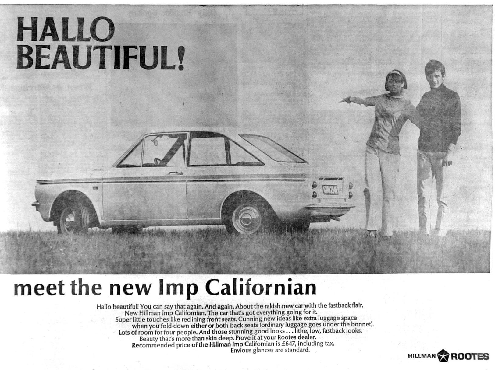 'Envious glances are standard' was the boast. Were you a fan of the new Imp Californian? It was available to buy from Rootes dealers.