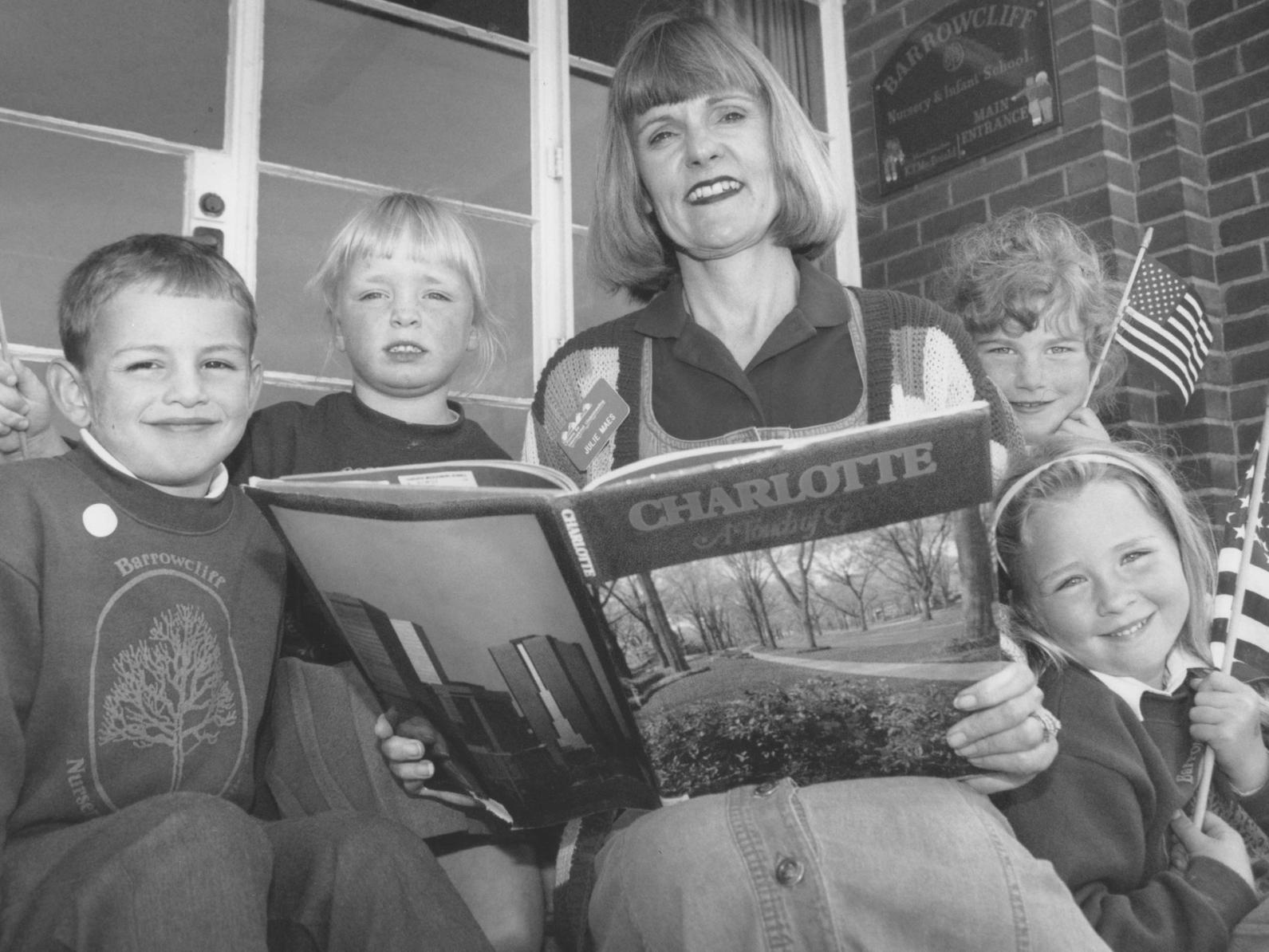 Visiting American teacher Julie Mews said a fond farewell to some of the Barrowcliff Infants School children that she had met during her visit in June 1995. Pictured, left to right, Charlie Clapham, Rachel Pickup, Georgina Foden, Katie Taylor.