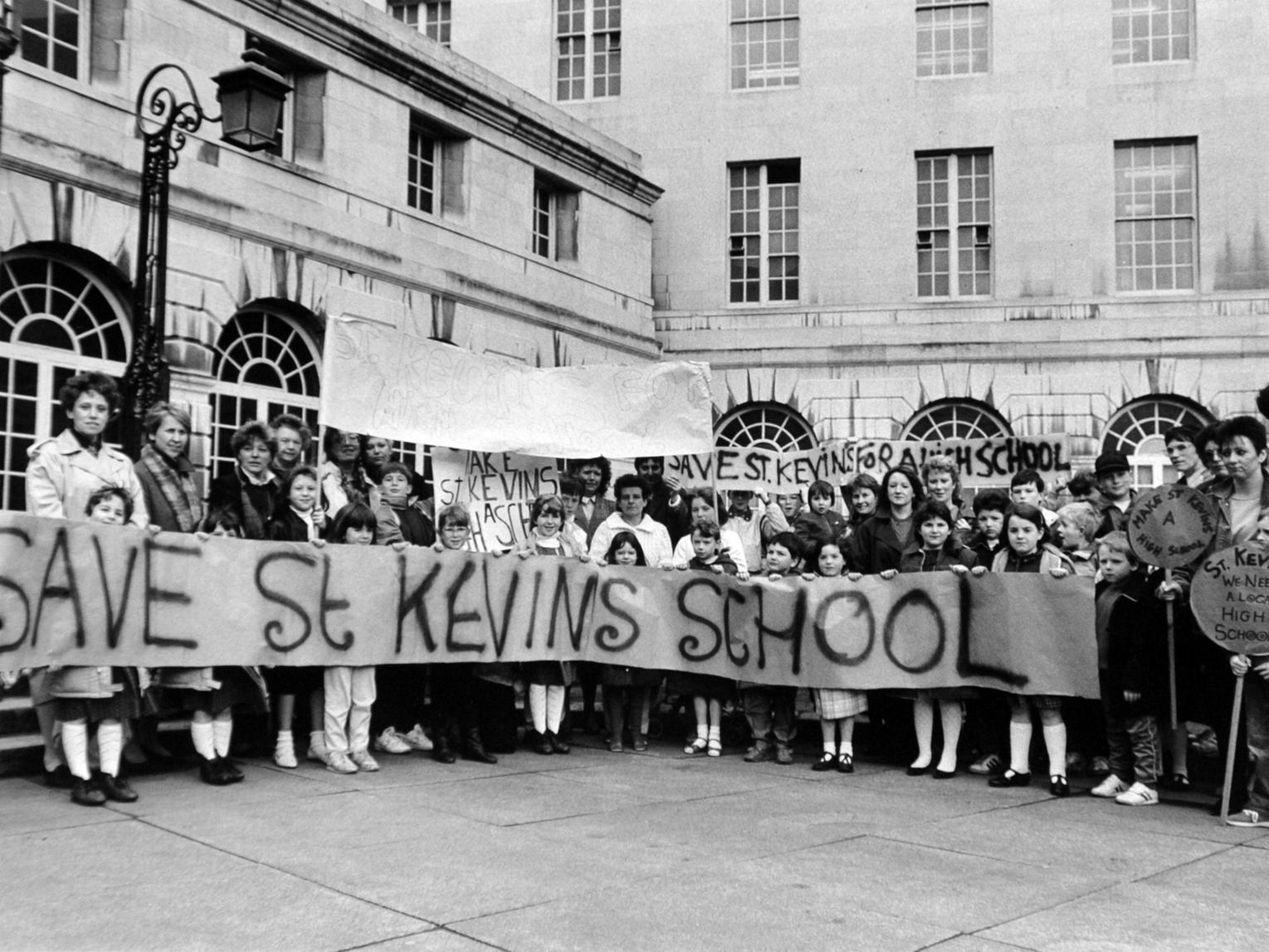 Objectors to the closure of St. Kevin's School on Barwick Road at Manston, outside Leeds Civic Hall.