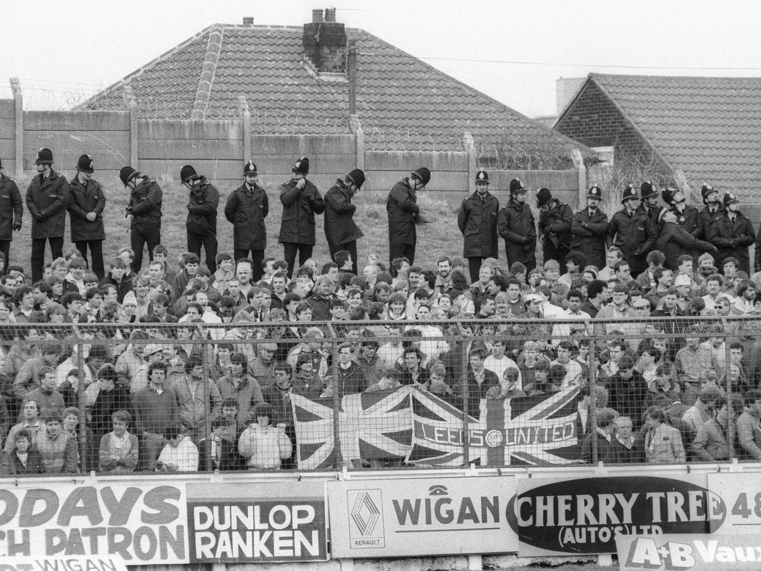 Leeds United fans ahead of the sixth round FA Cup clash against Wigan Athletic at  Springfield Park. Second half goals from John Stiles and Micky Adams proved the difference.