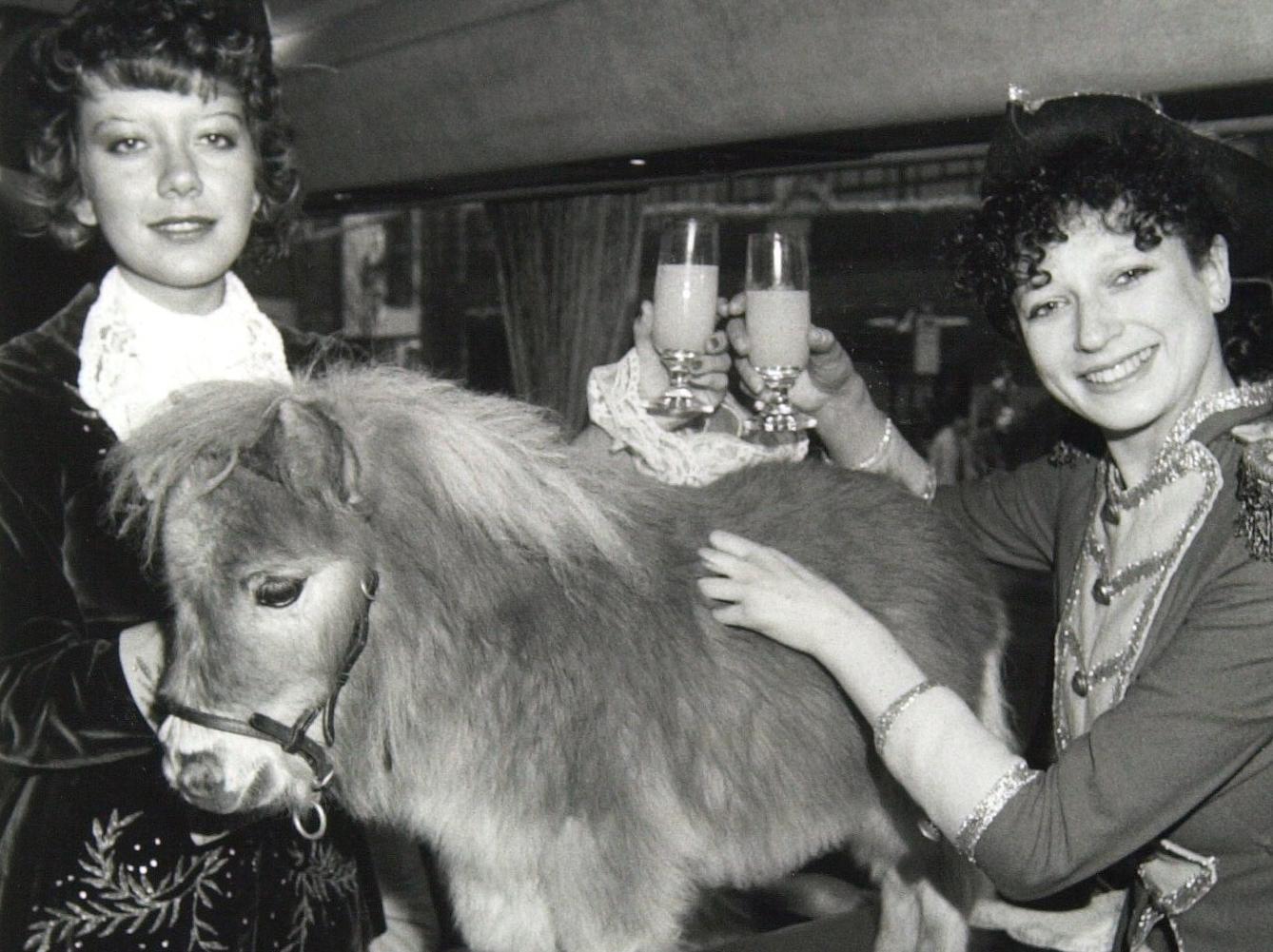 Two stars from Cinderella at Leeds City Varieties - Shirley Moon, (Prince Charming), left, and Hilary Trott (Dandini) - welcome Lucky the horse, which pulls the crystal coach.