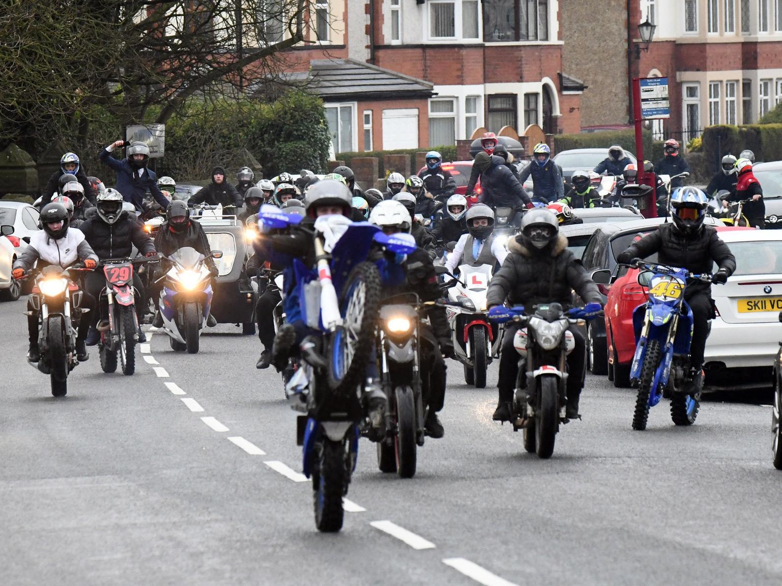 Motorcyclists at the head of the funeral procession of Luke Deegan, en route to St Mary's Church.