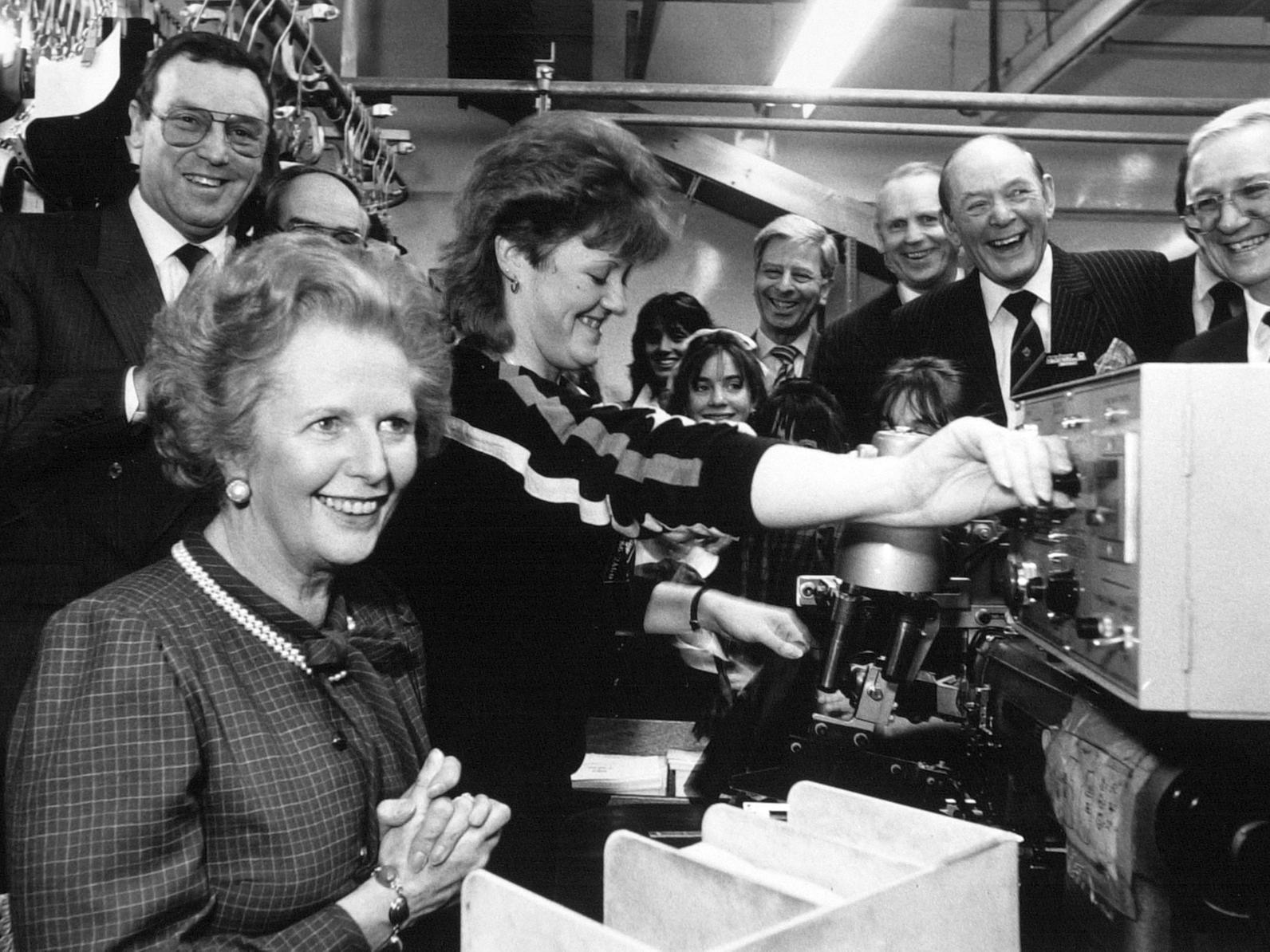 Prime Minister Margaret Thatcher visited Centaur Clothes on Great George Street. She is pictured with machinist Karen Pheasby.