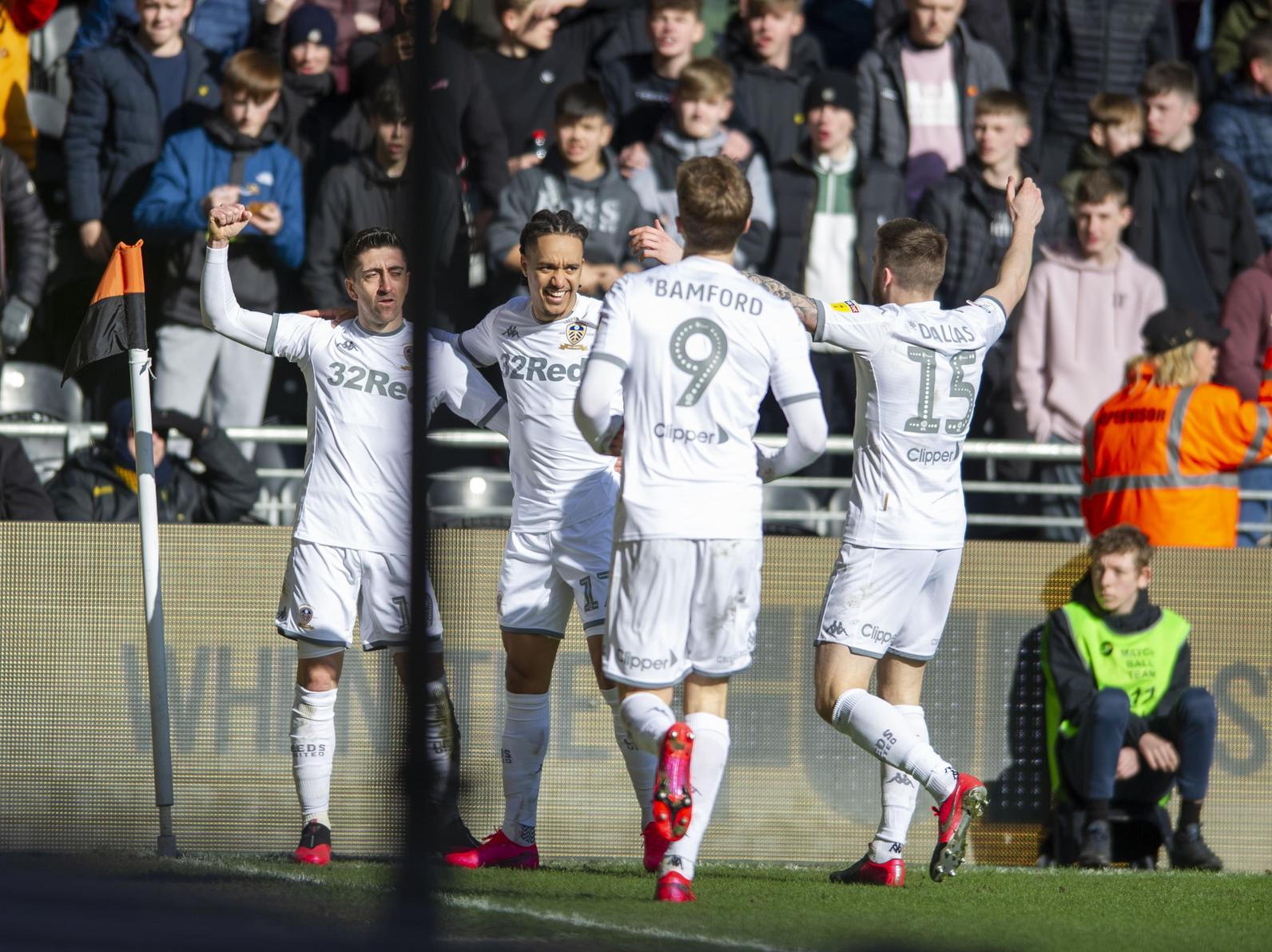 Leeds United celebrate Pablo Hernandez's goal at Hull City. (Image: Tony Johnson)