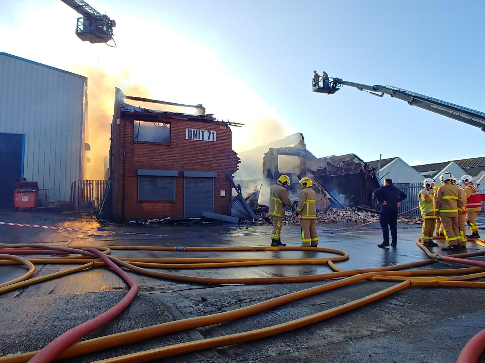 The fire has destroyed unit 71 in Cowley Road, at an industrial park off Vicarage Lane in Marton this morning (March 2)