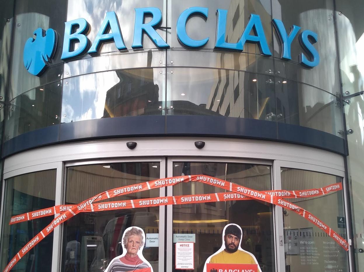 Barclays on Albion Street is closed after Greenpeace activists taped over and damaged the door (Photo: Kit Taylor)