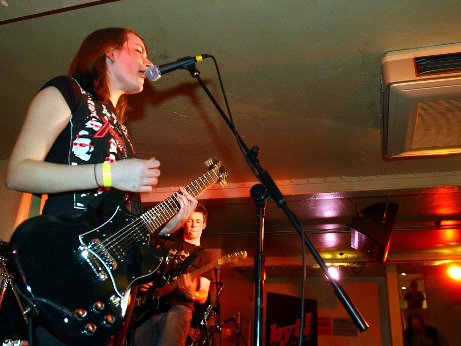 Lead singer Katie Harkin on stage at the Bright Young Things final held at the Hi-Fi Club in 2004.