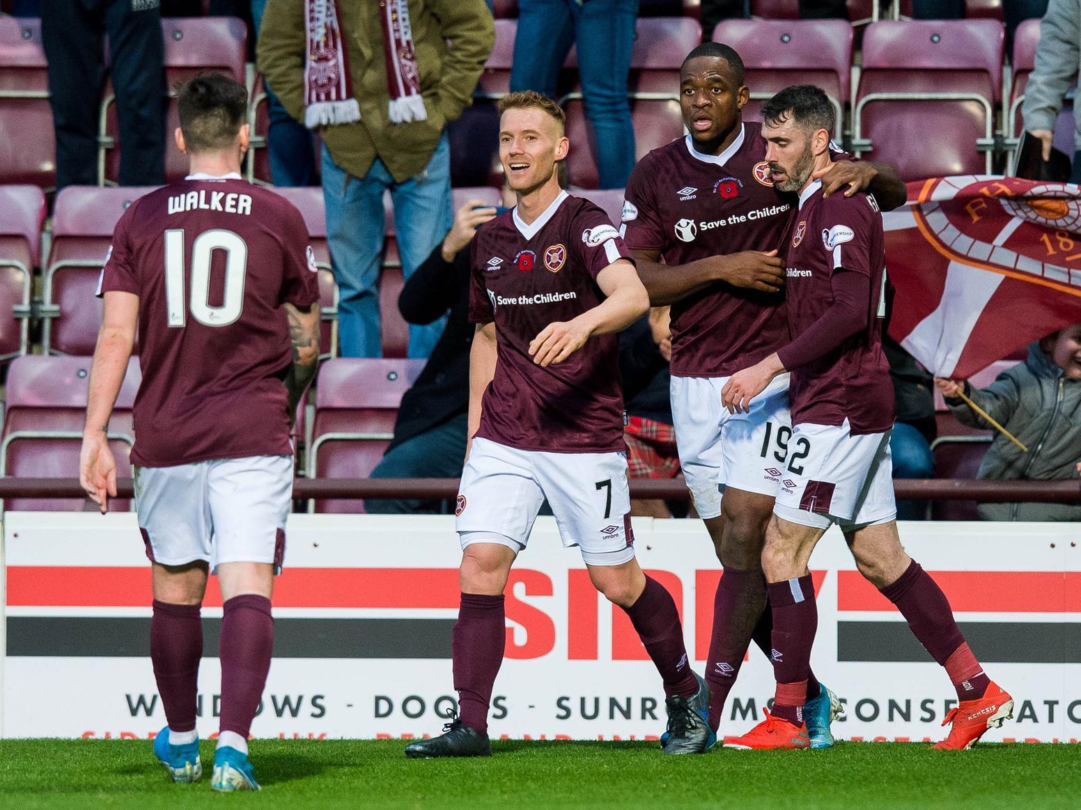 Hearts players celebrate against St. Mirren