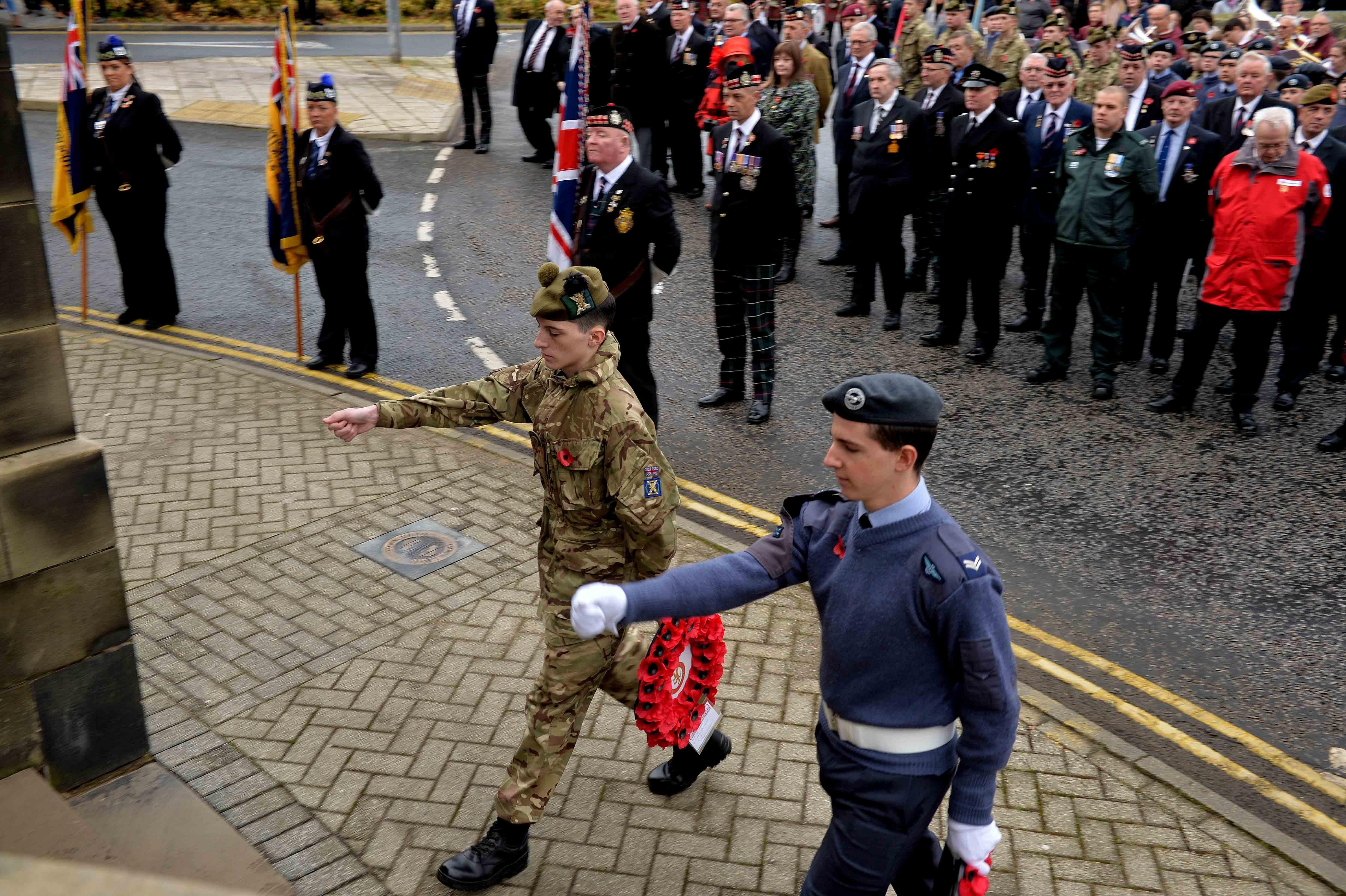 Army and Air Training Corps cadets lay wreaths in Galashiels.