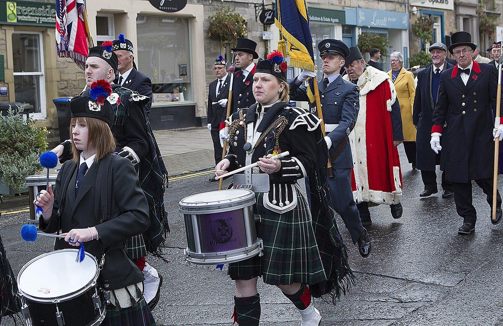 Erin Clarkson plays in her first remembrance parade with fellow drummers Ryan Brown and Kathryn Wylie in Jedburgh.