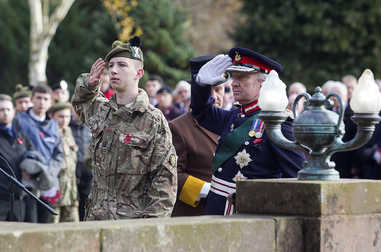 Blake Sommerville, Cadet Sgt Major and the Duke of Buccleuch salute at Hawick war memorial.