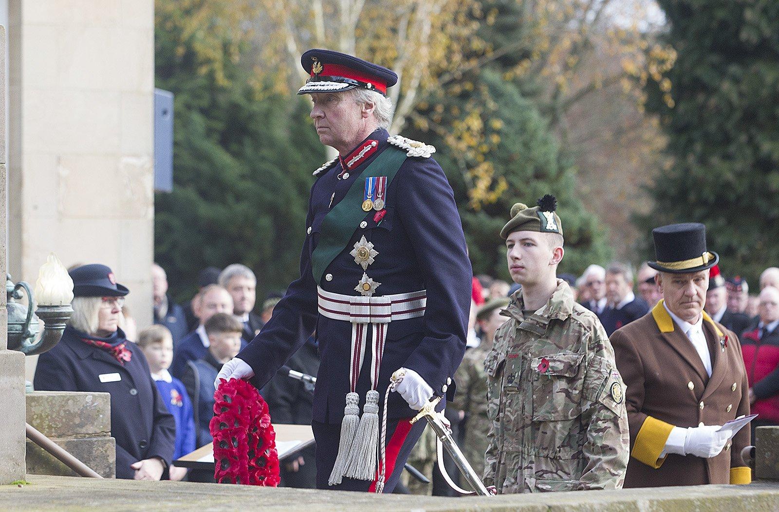 Blake Sommerville, Cadet Sgt Major and the Duke of Buccleuch lay a wreath at Hawick war memorial.