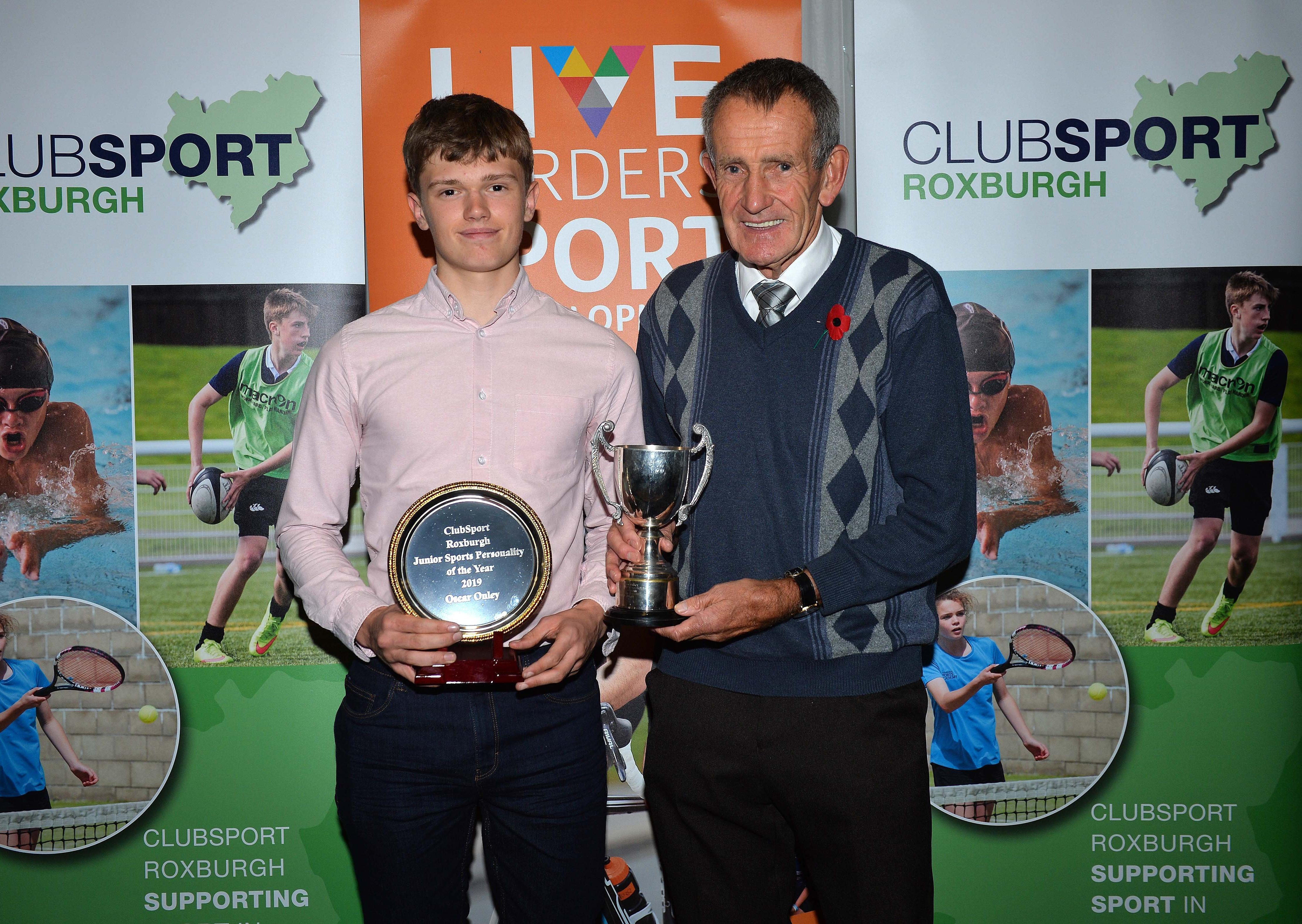 Cyclist Oscar Onley, left, Young Sports Personality of the Year, with David Laing.