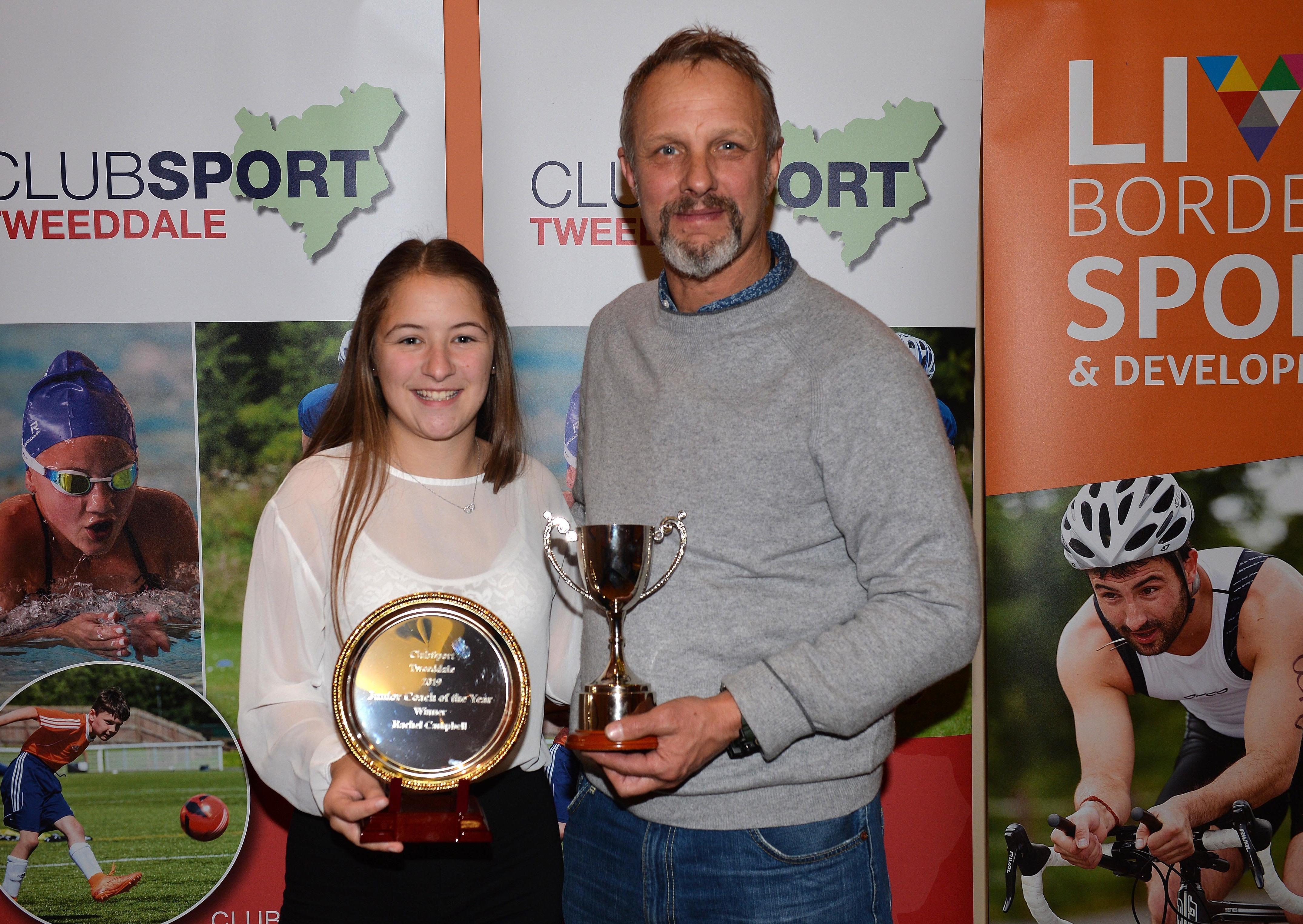 Junior Coach of the Year Peebles gymnast youth coach Rachel Campbell was presented by Colin Aitken (picture: Alwyn Johnston)