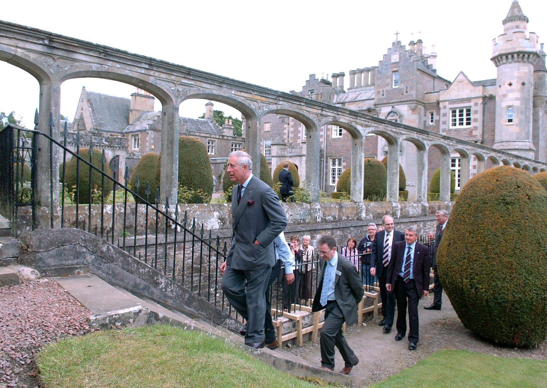 HRH The Duke of Rothesay visits Abbotsford House. Prince Charles was taken round  the house by head guide Larry Furlong then showed around the walled gardens by head gardener Billy Hughes.
