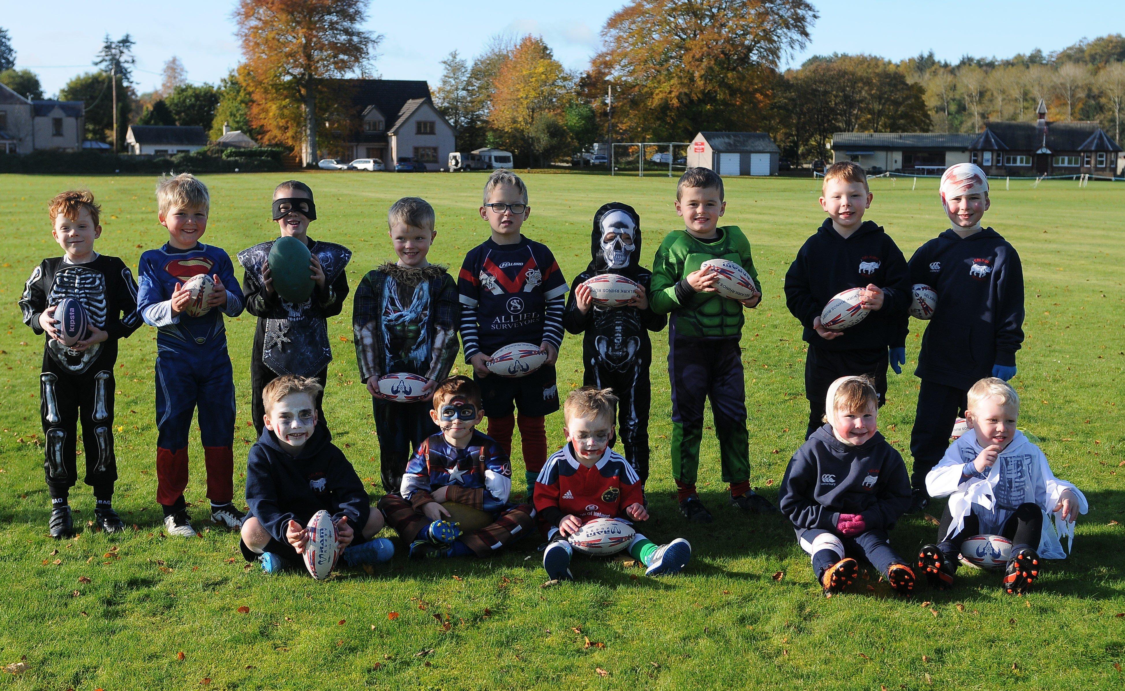 Players in fancy dress at a Halloween-themed Selkirk Rhinos training session.
