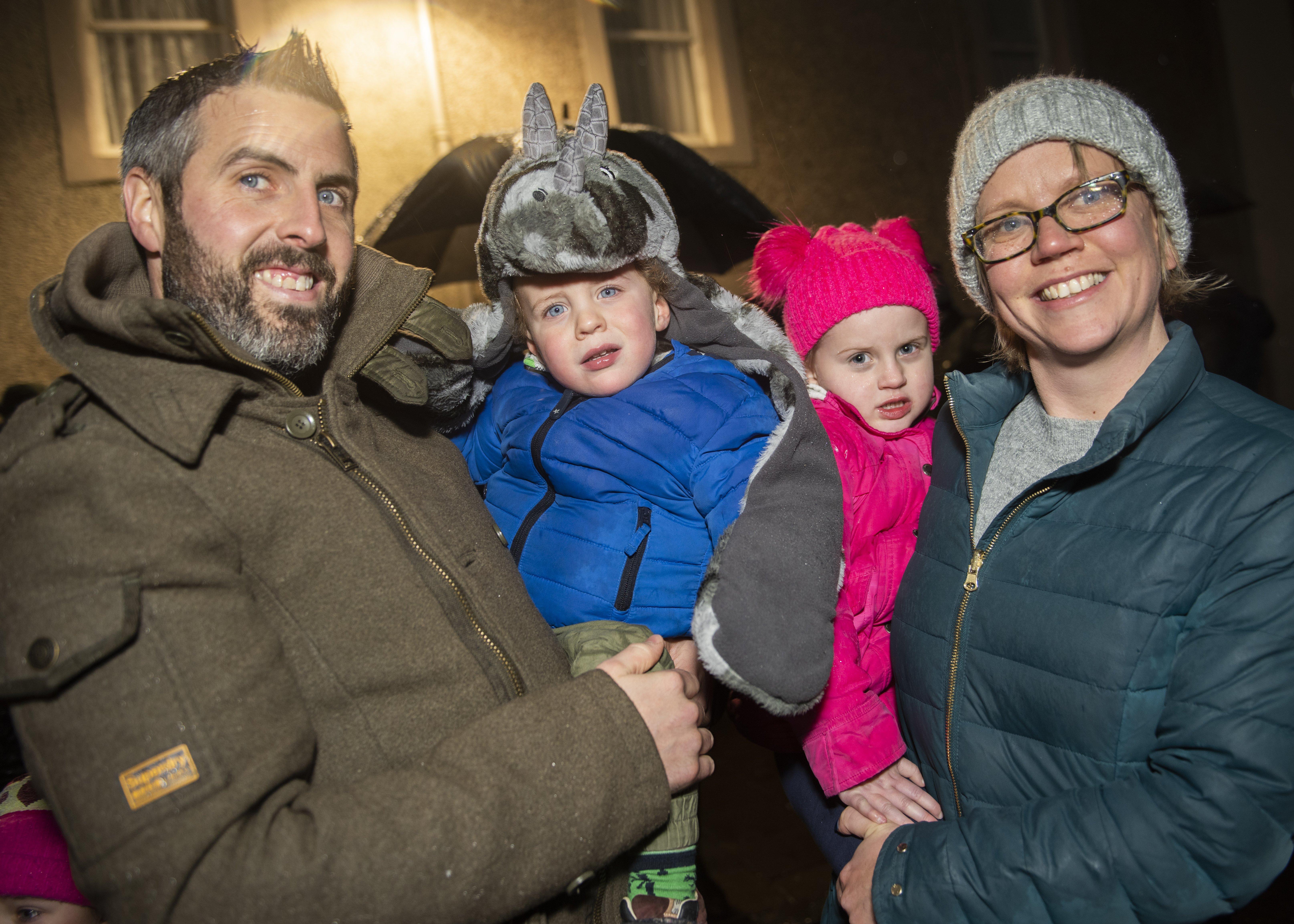 Bob and Laura Anderson with children Sadie and Arran at Lauder's festive lights switch-on.