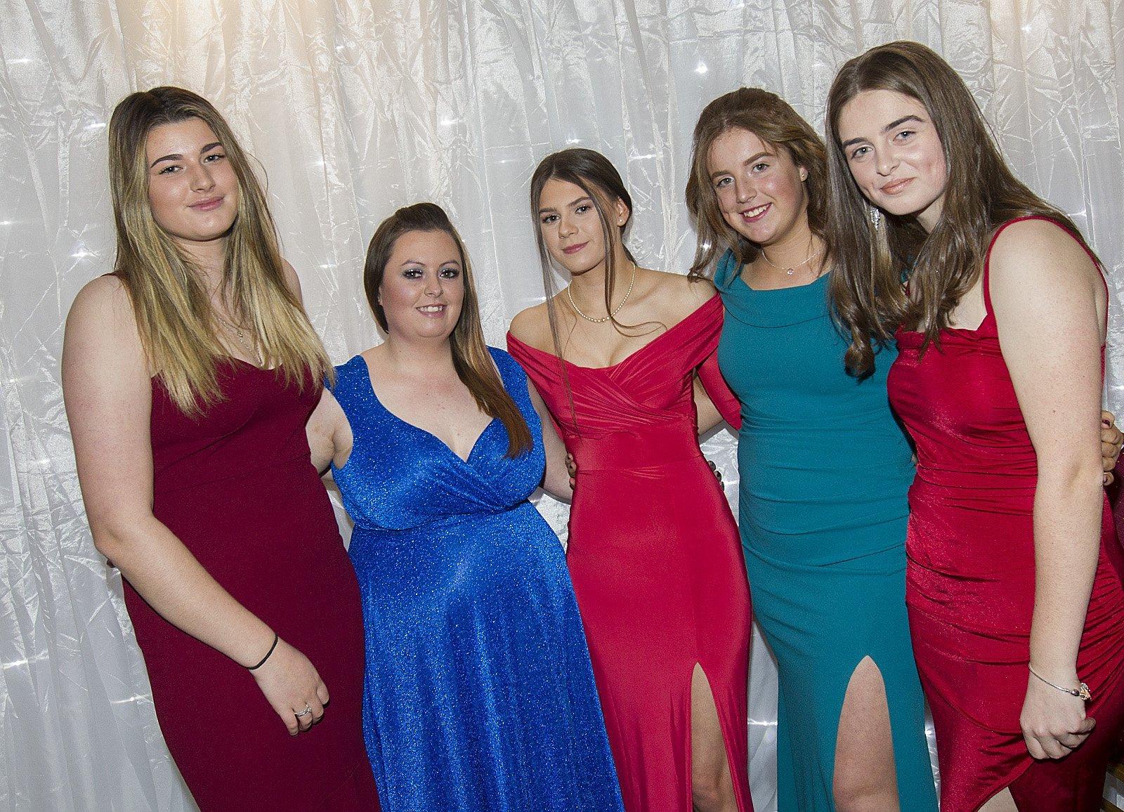 Megan Robson, Jenn McCreath, Abbie Calder, Shawia Lindsay and Kayleigh Renton from Duns at a young farmers' ball held in Kelso on Friday.