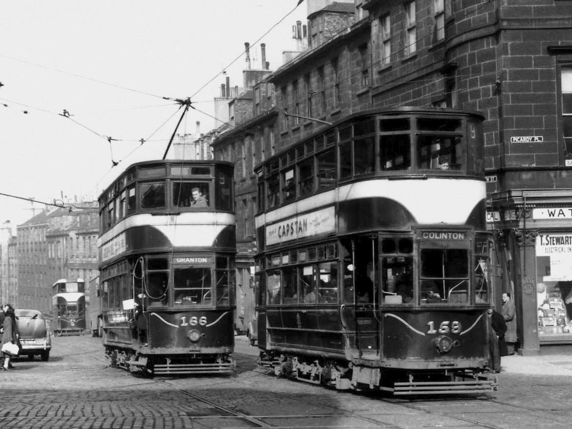 Trams 159 and 166 (advertising Capstan, a popular brand of cigarettes at the time) on the Broughton Street/Picardy Place junction in 1955. Wattlite Electrical on the right has now been transformed in the club/bar The Street.