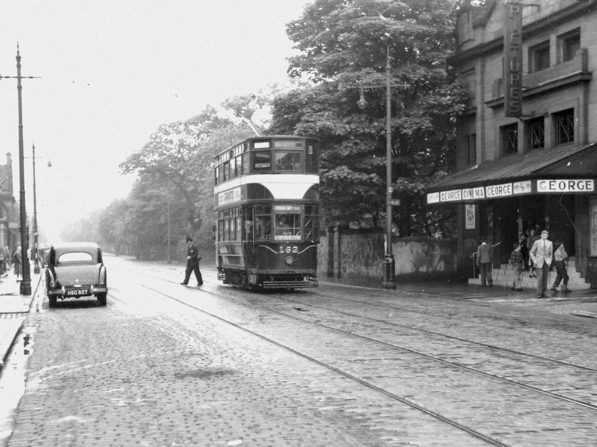 Tram 162 outside the George Cinema (briefly known as the New Cinema and also known as the Central picture House) on Portobello High Street in 1953.