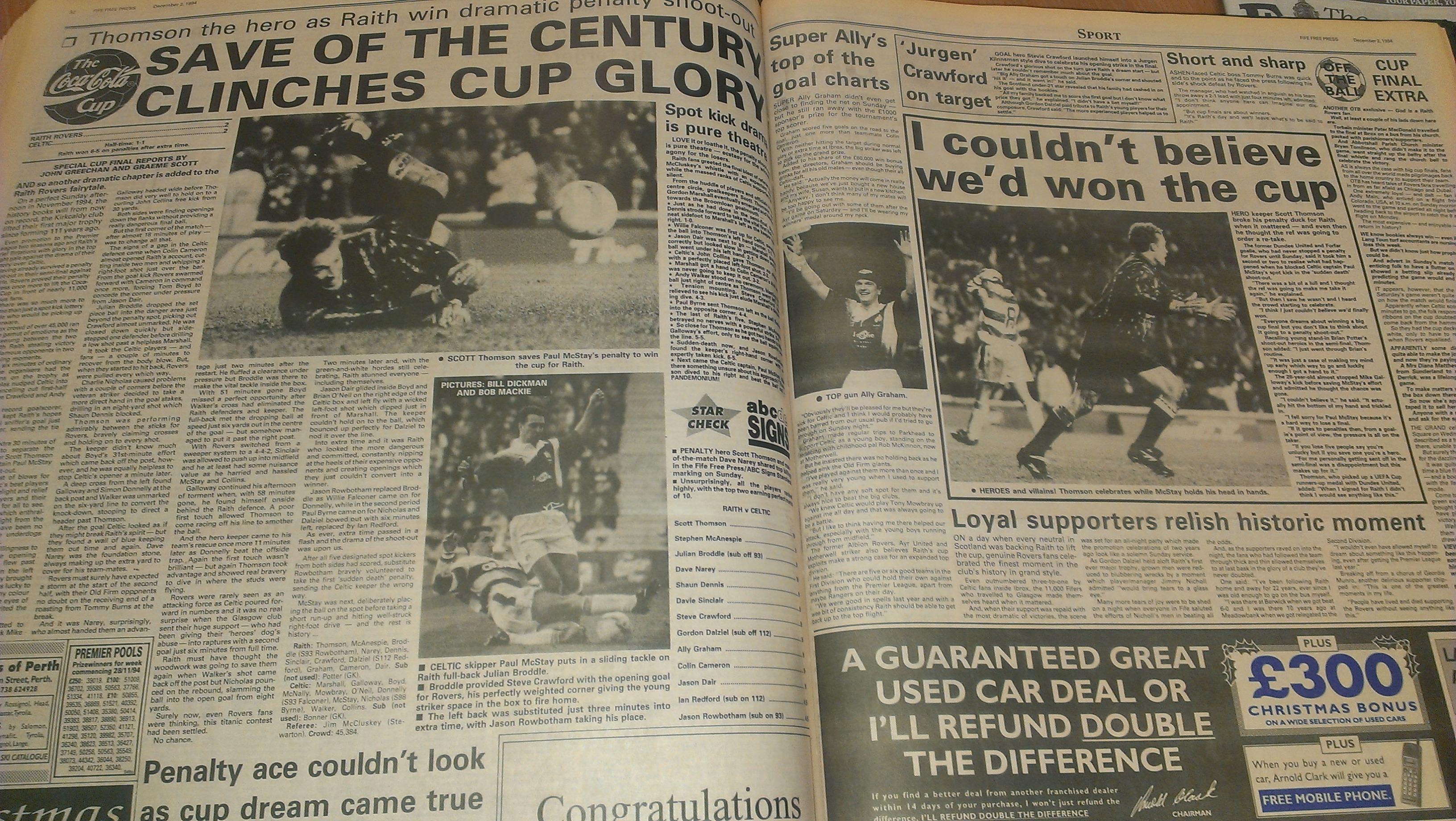 Raith Rovers Coca Cola Cup - match  report of the Fife Free Press 1994