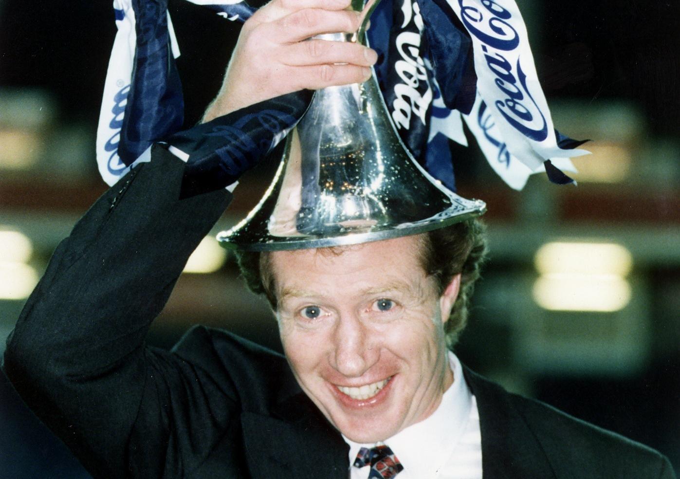 Celtic v Raith Rovers, Coca Cola Cup final. Raith Rovers manager Jimmy Nicholl celebrating his team winning the cup.