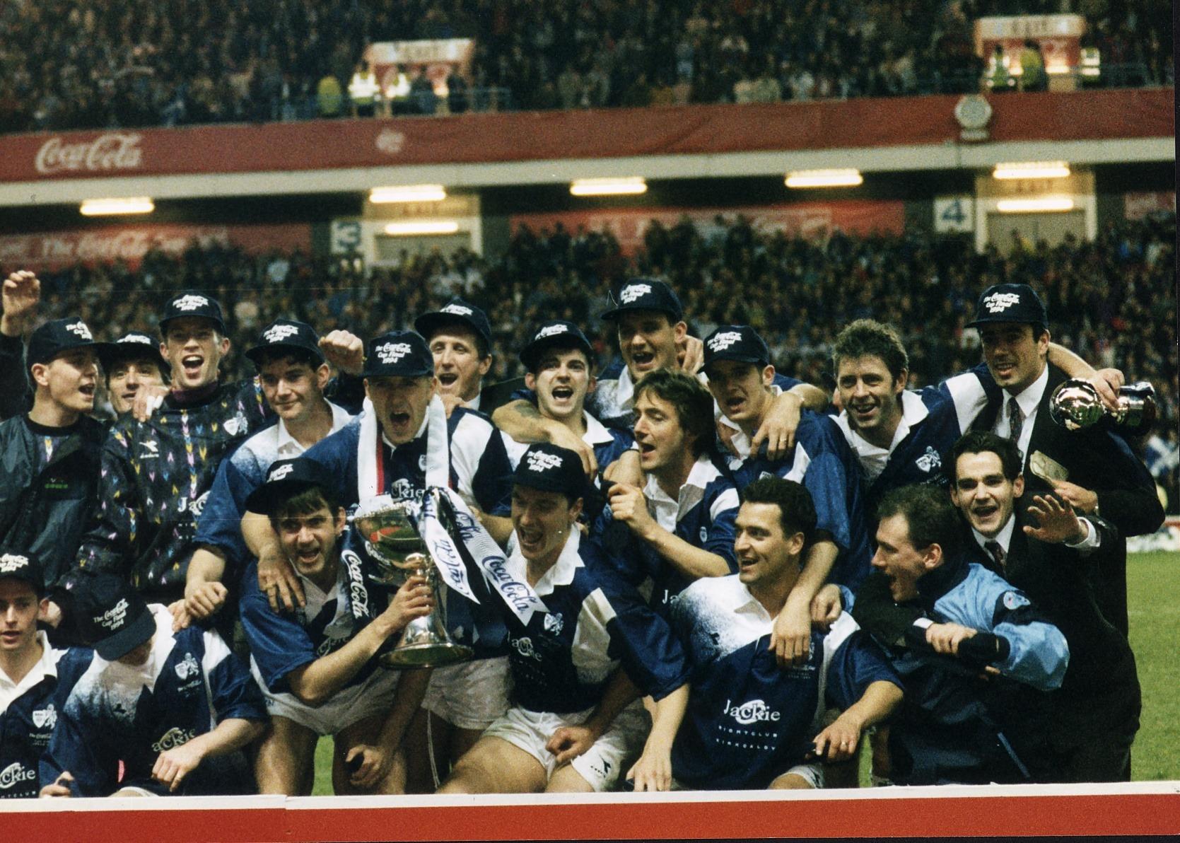 The Raith Rovers team celebrating winning the Coca-Cola Cup in 1994 when they beat Celtic in the final.