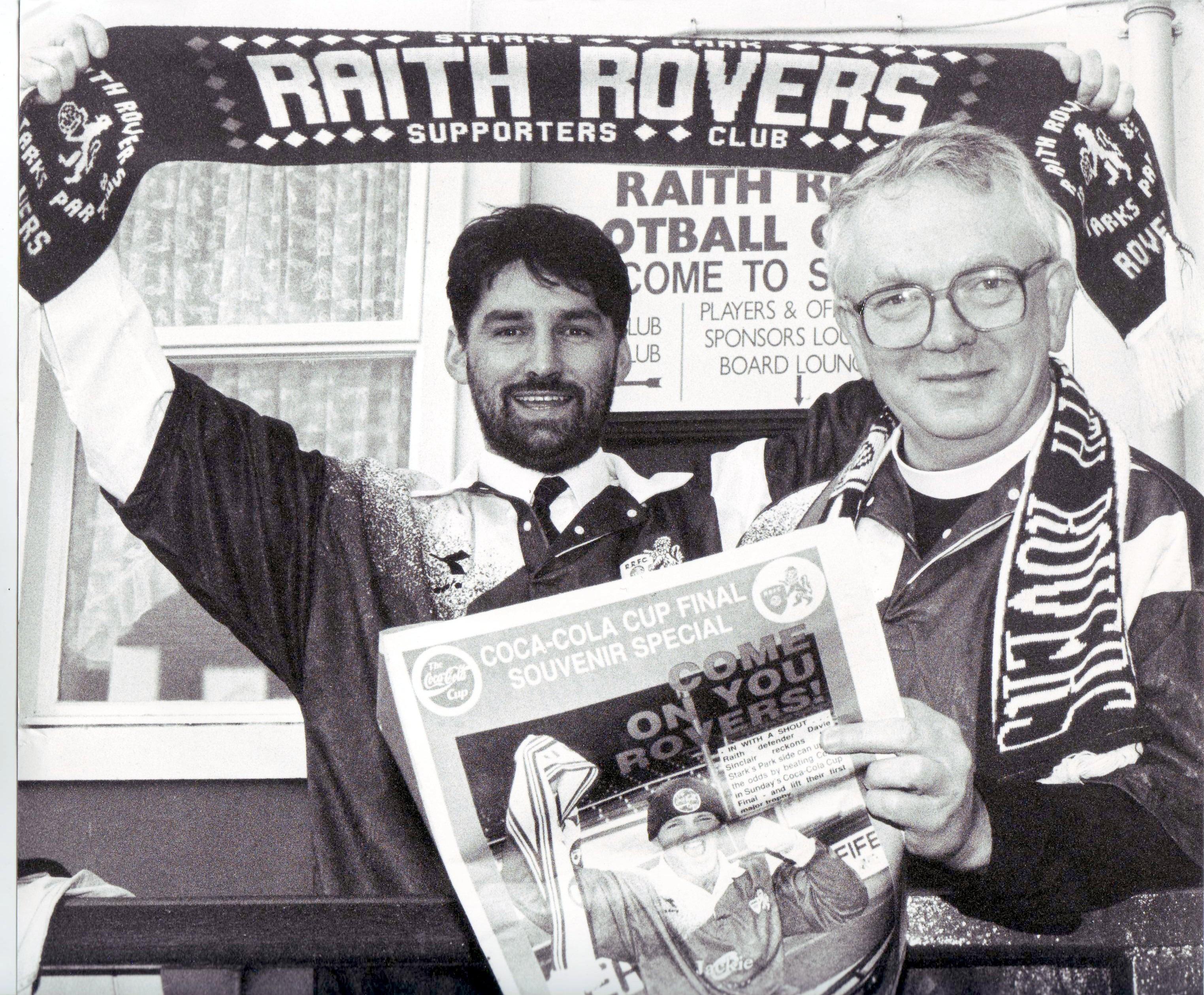 Kirkcaldy ministers Rev Peter MacDonald, Torbain Parish Church (left) and Brian Tomlinson, Abbosthall Church offer divine support for Raith Rovers at the 1994 Coca Cola Cup final versus Celtic