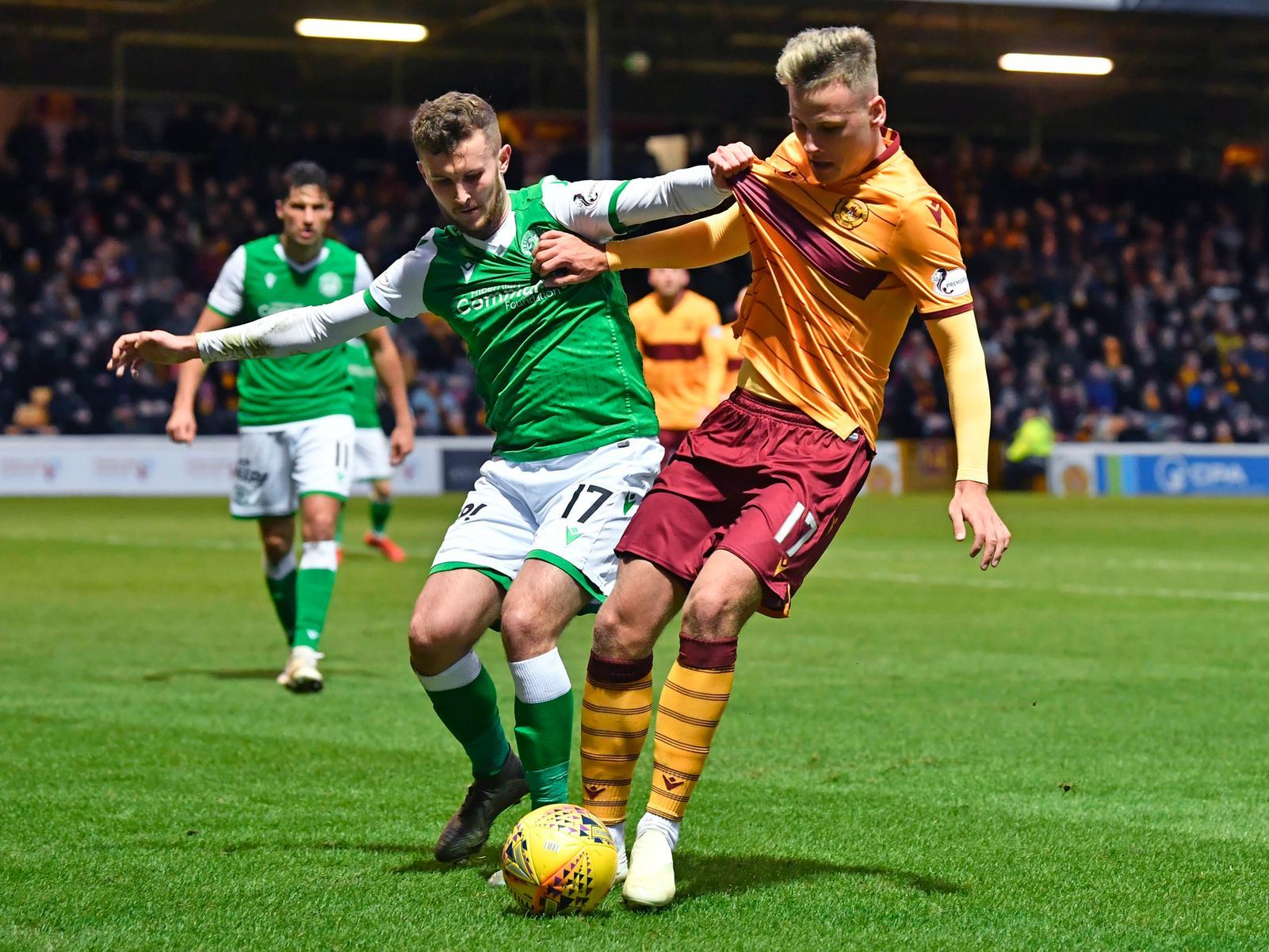Tom James in action during Hibs clash with Motherwell.