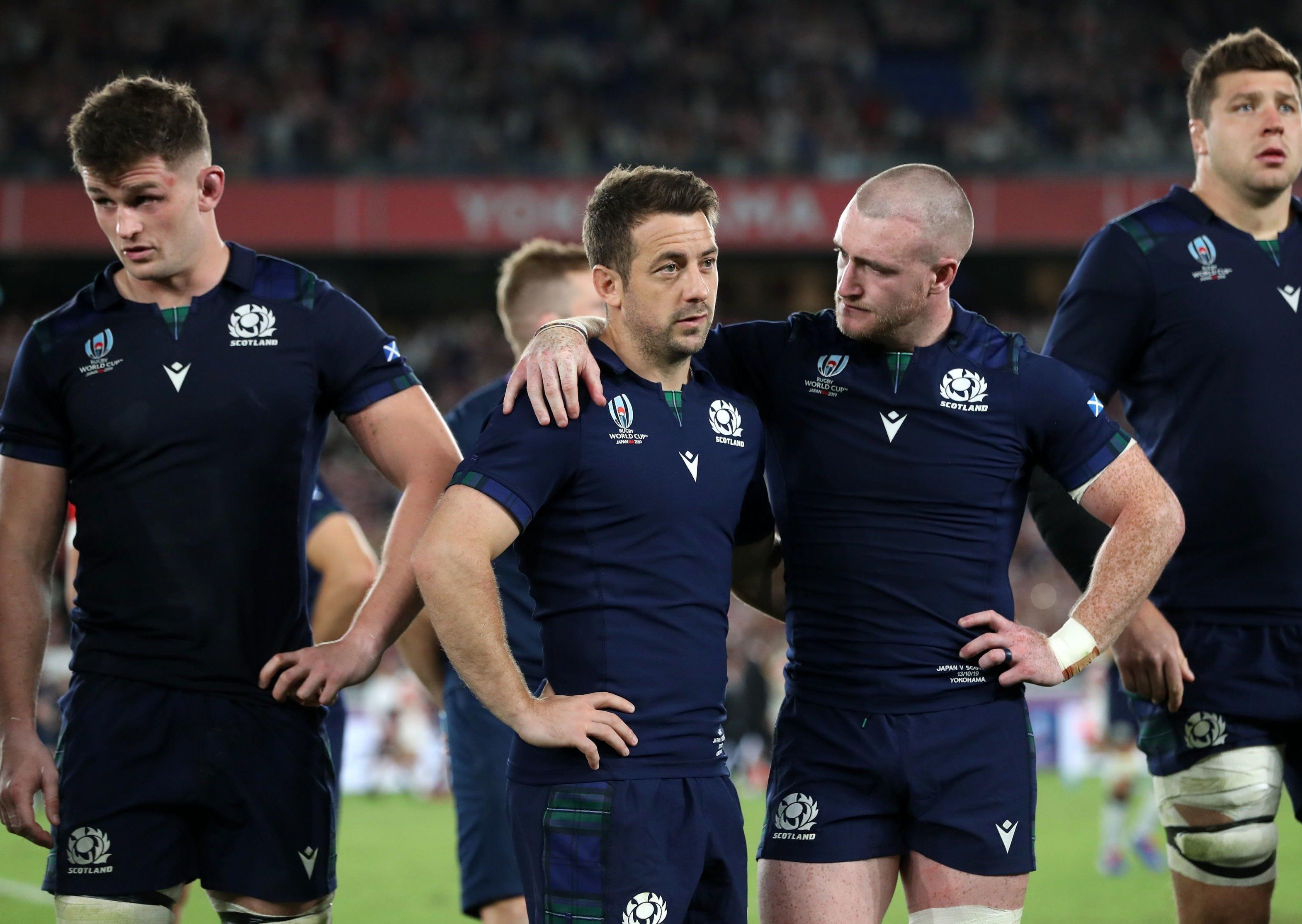 Scotland's Greig Laidlaw and Stuart Hogg after the defeat during the 2019 Rugby World Cup match at the Yokohama Stadium.